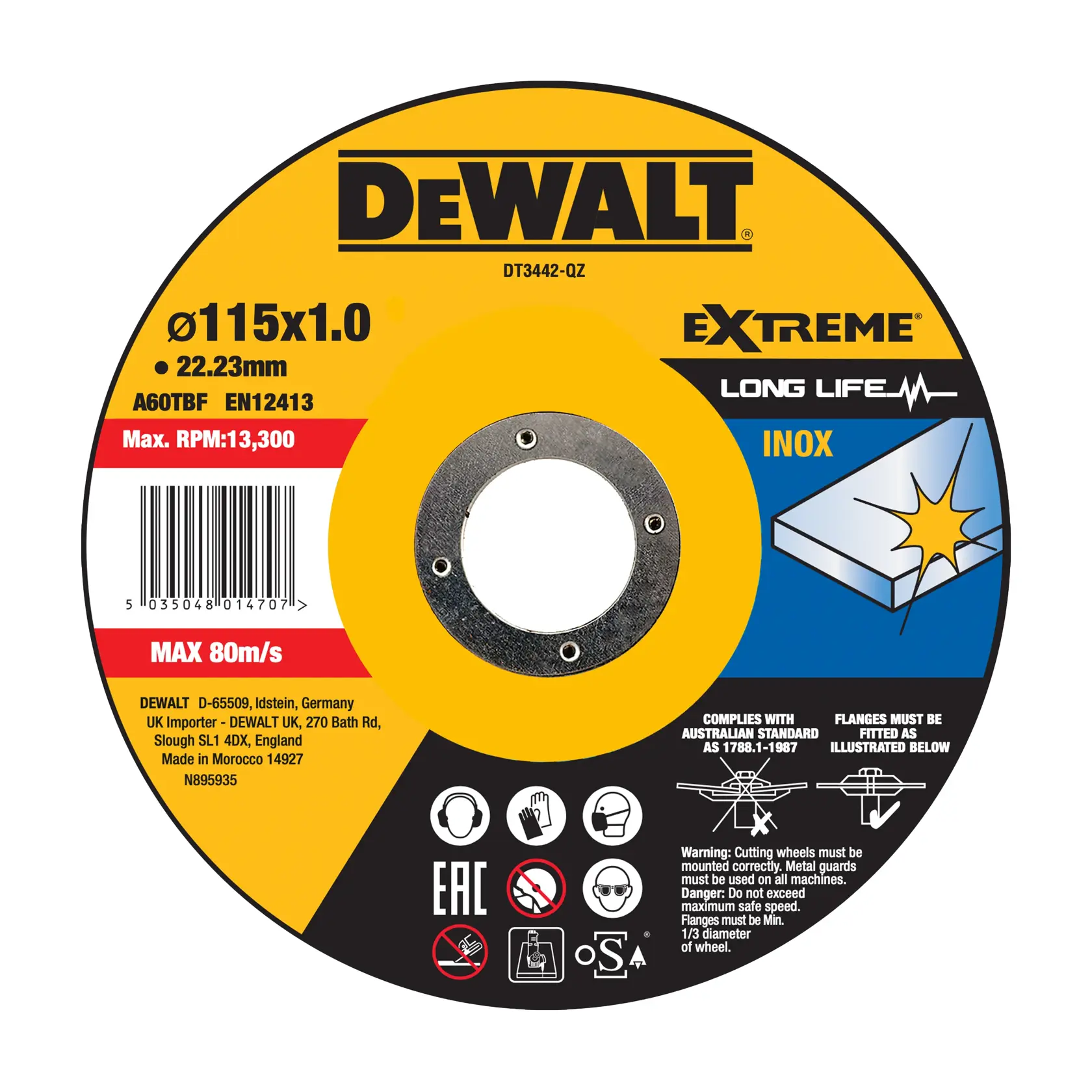 DEWALT cutting disc, photography category, DT3442, DT3442-QZ SKUs shown, 115mm, Extreme, Inox, safety icons.