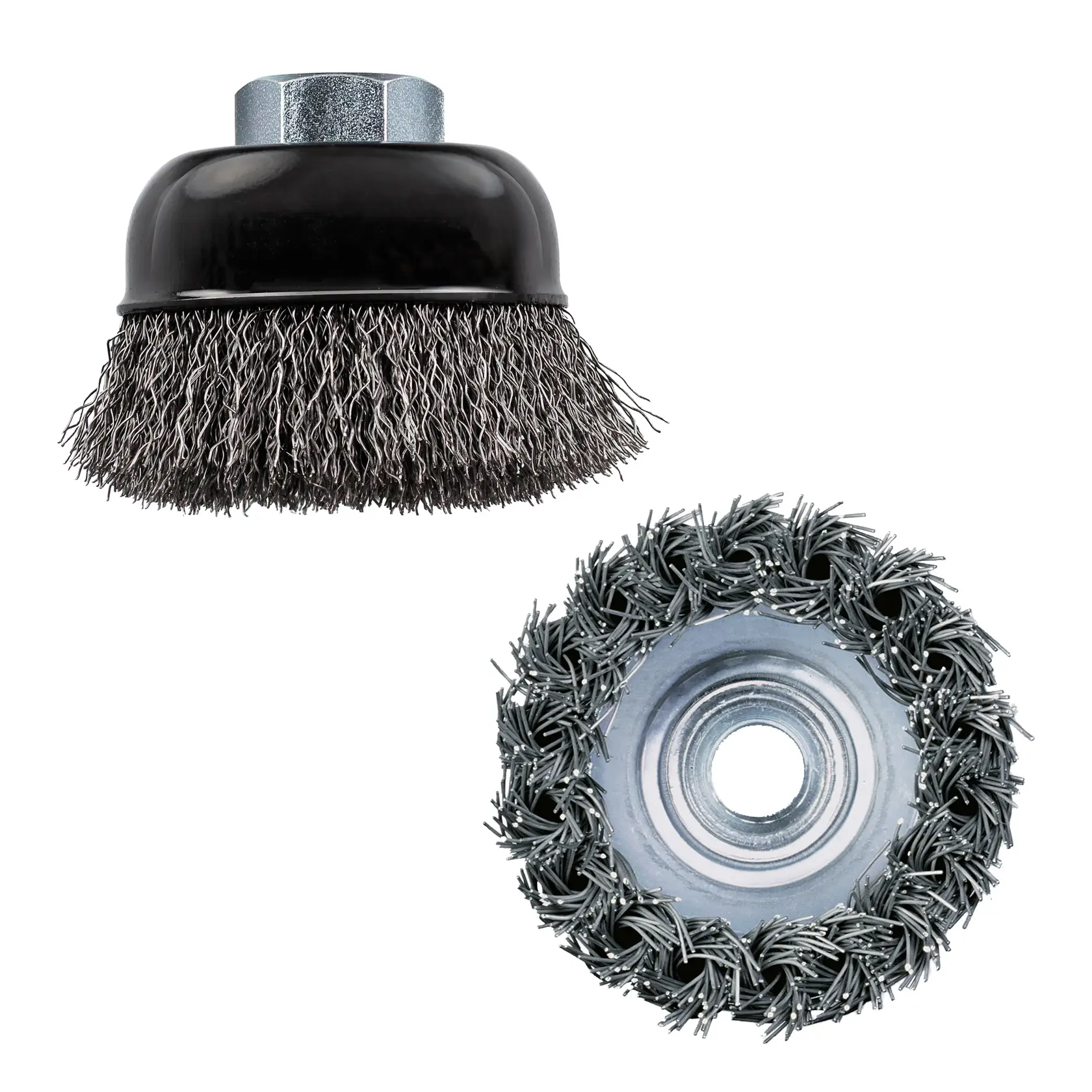 Two DEWALT DT3480 steel wire cup brushes for surface cleaning, shown from side and top views.