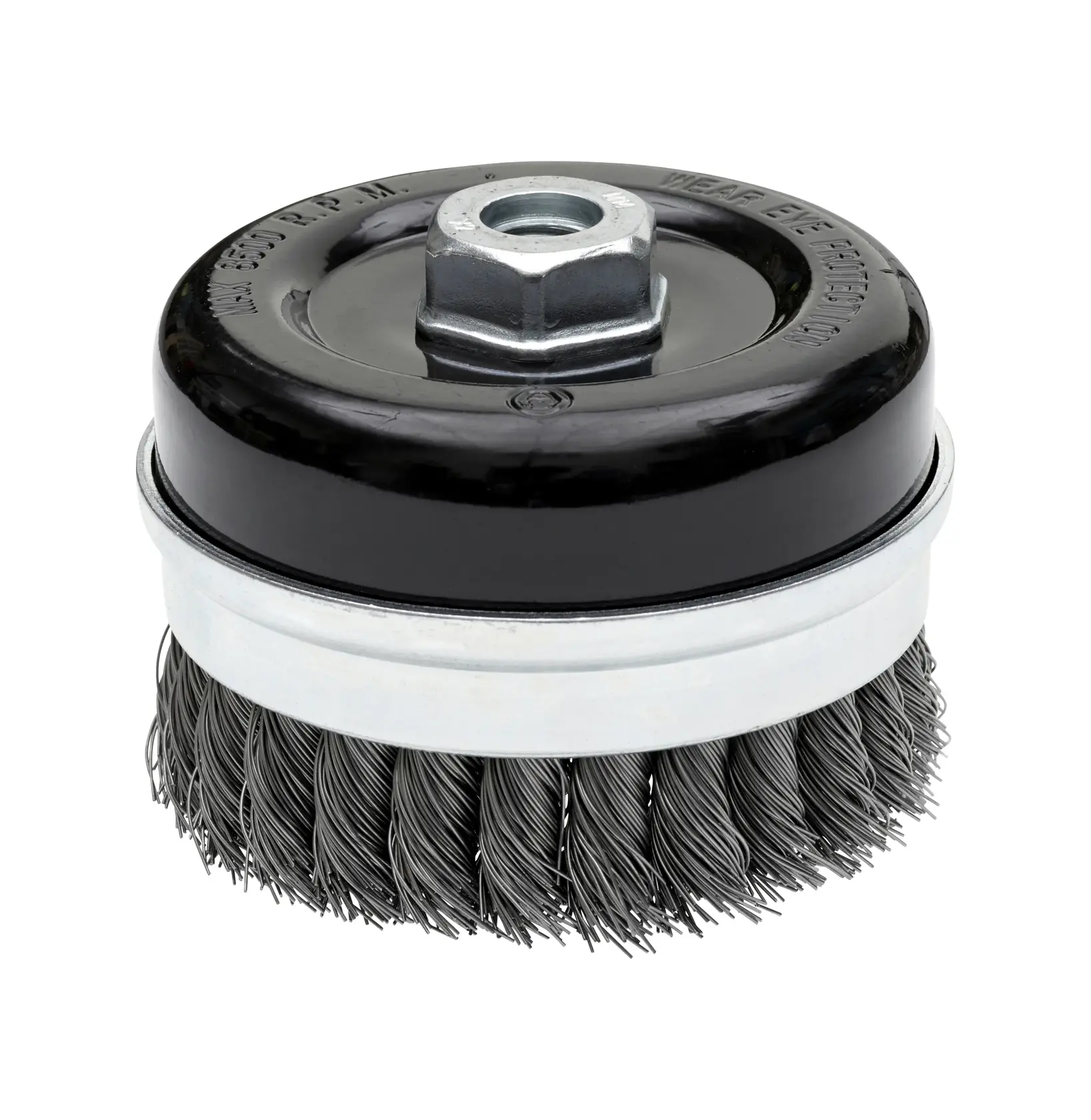 Round wire cup brush with metal base and threaded nut, used for cleaning or surface preparation.