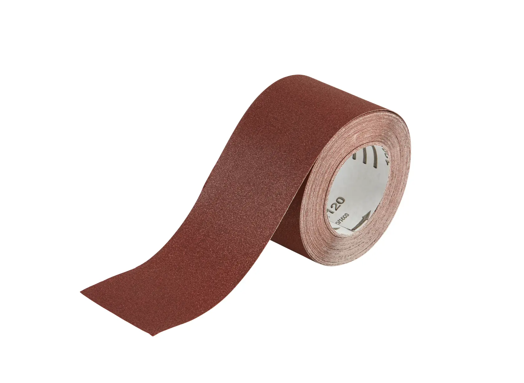 A roll of brown abrasive sanding paper for surface finishing, partially unrolled on a white background.