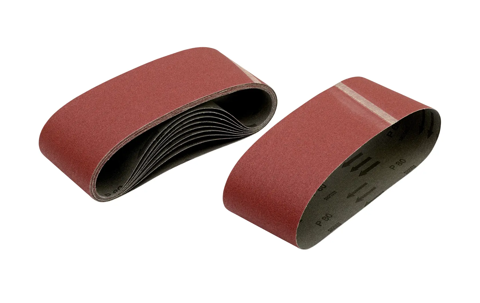 Two DEWALT abrasive sanding belts for power tools, red-brown color, displayed on a white background.