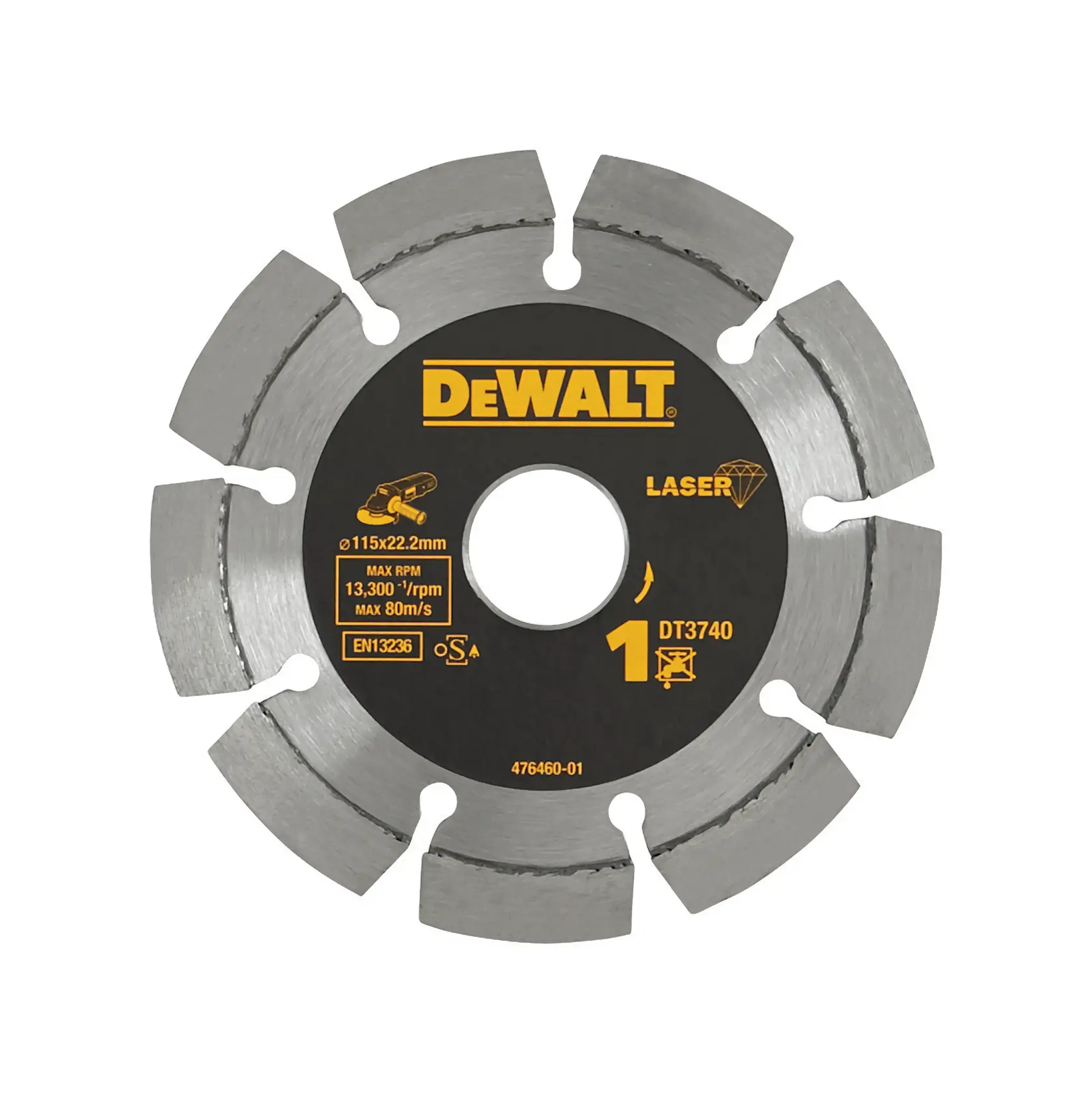 A DEWALT DT3740 segmented diamond cutting disc with 115 mm diameter and 22.2 mm center hole. The disc features a black and silver design and is labeled for use with angle grinders.