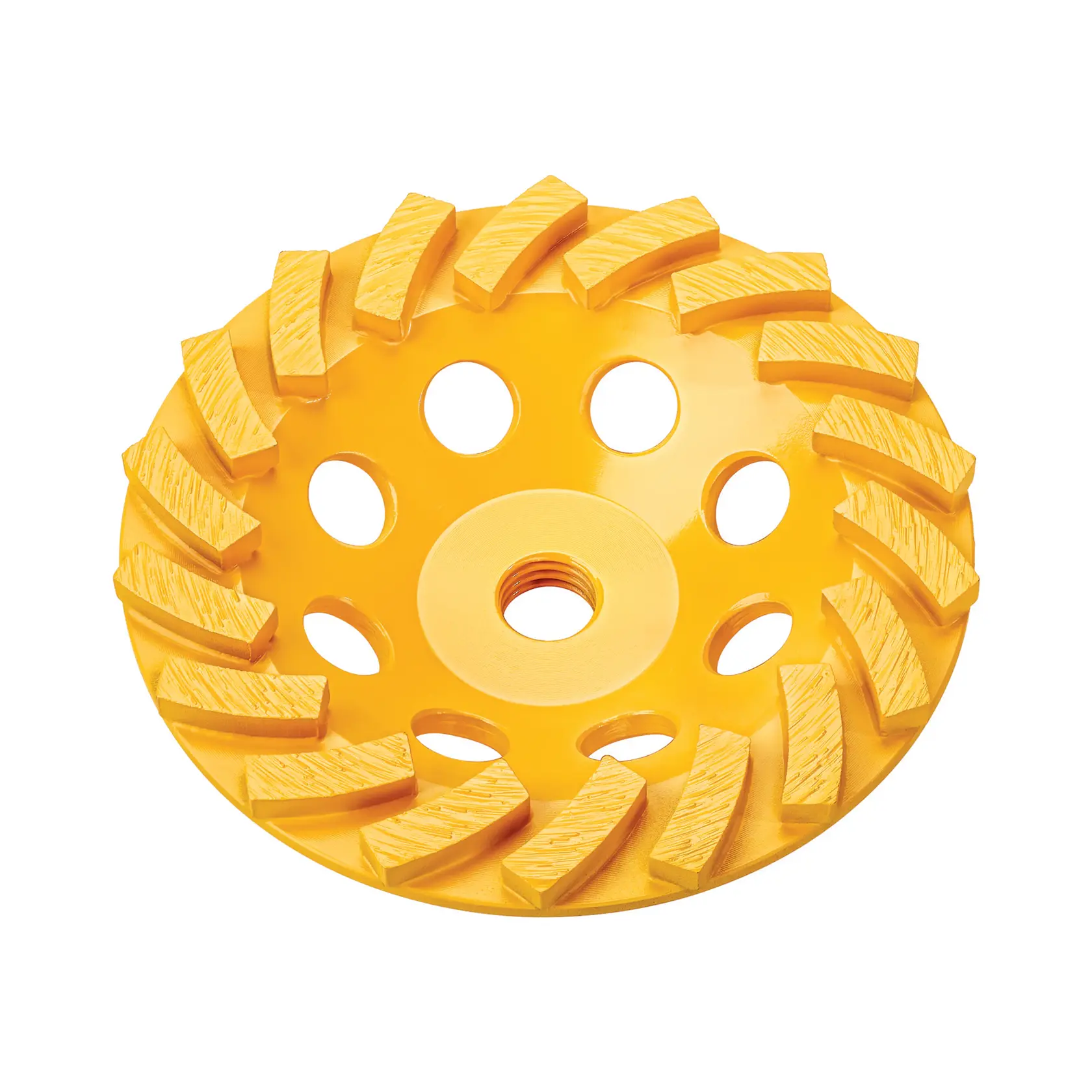 Yellow DEWALT grinding wheel with angled segments and central hole, shown on a white background.