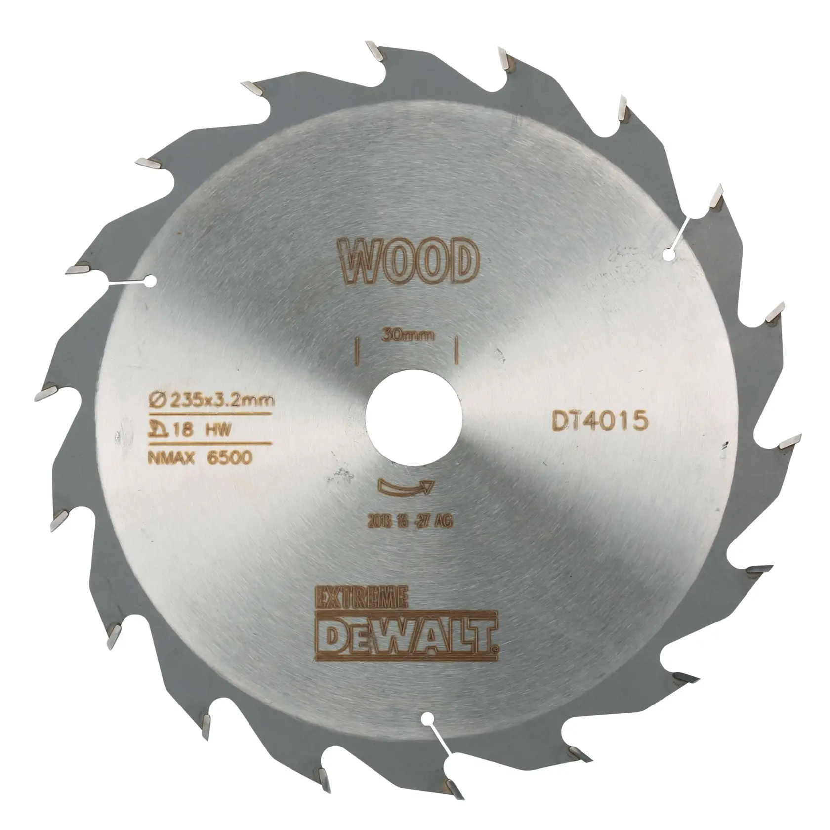 DEWALT DT4015 circular saw blade for wood, 235mm diameter, silver, toothed edge, labeled for woodworking.