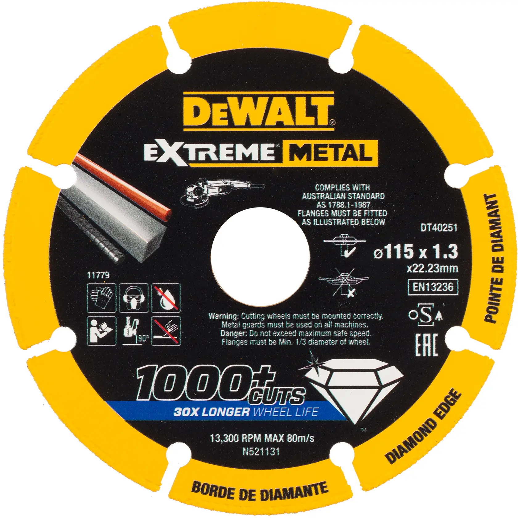 DEWALT Extreme Metal diamond edge cutting disc, 115mm, black and yellow, for metal, DT40251.