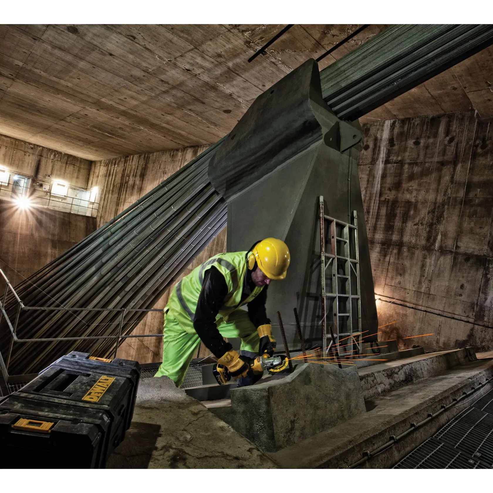Graphique montrant la marque DEWALT XTREME Sub-Compact Series avec le slogan 'Compact et performance garantie' sur un fond jaune.