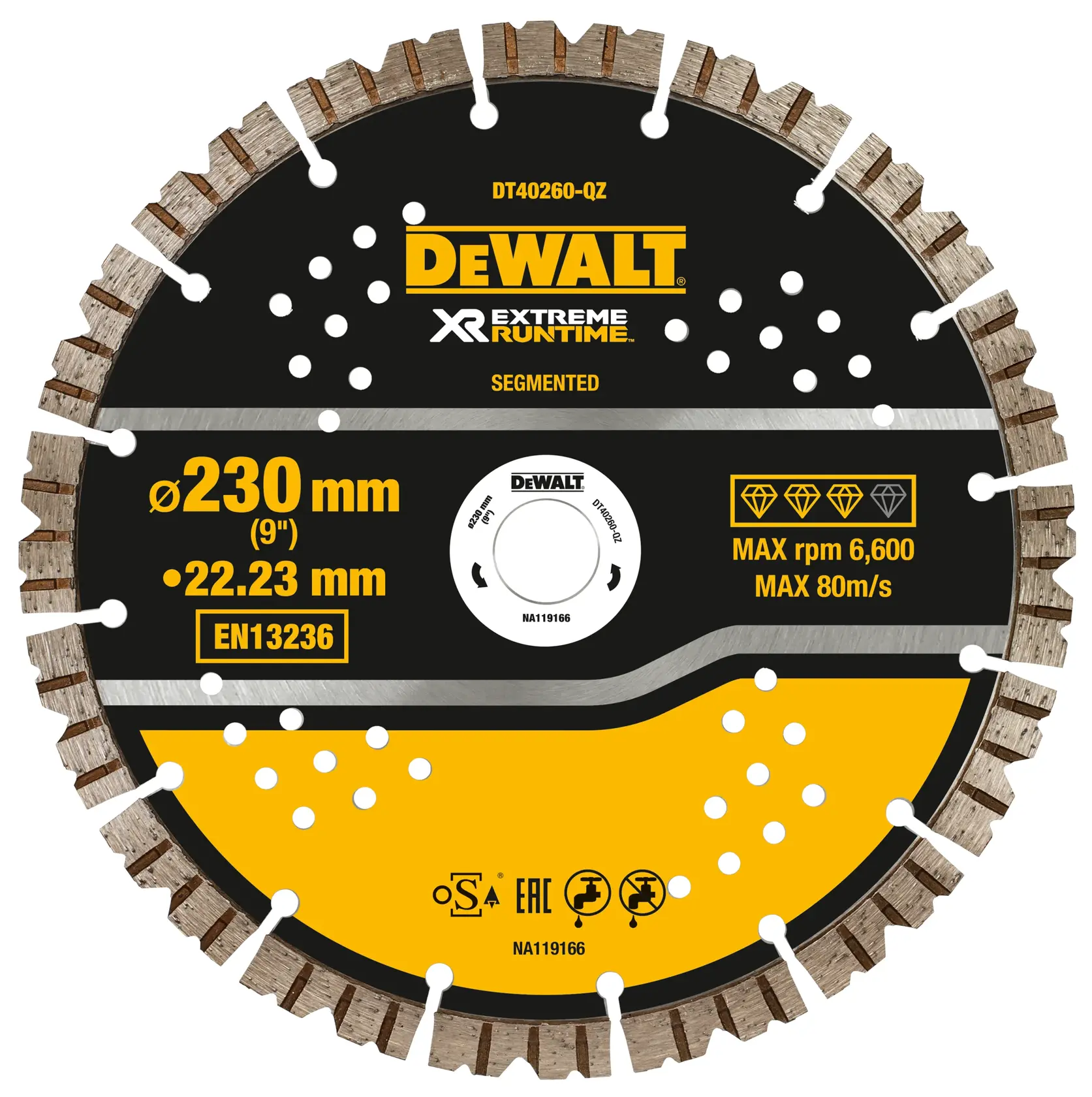 DEWALT DT40260 segmented diamond saw blade, 230 mm diameter for cutting, max 6600 rpm, yellow and black design.