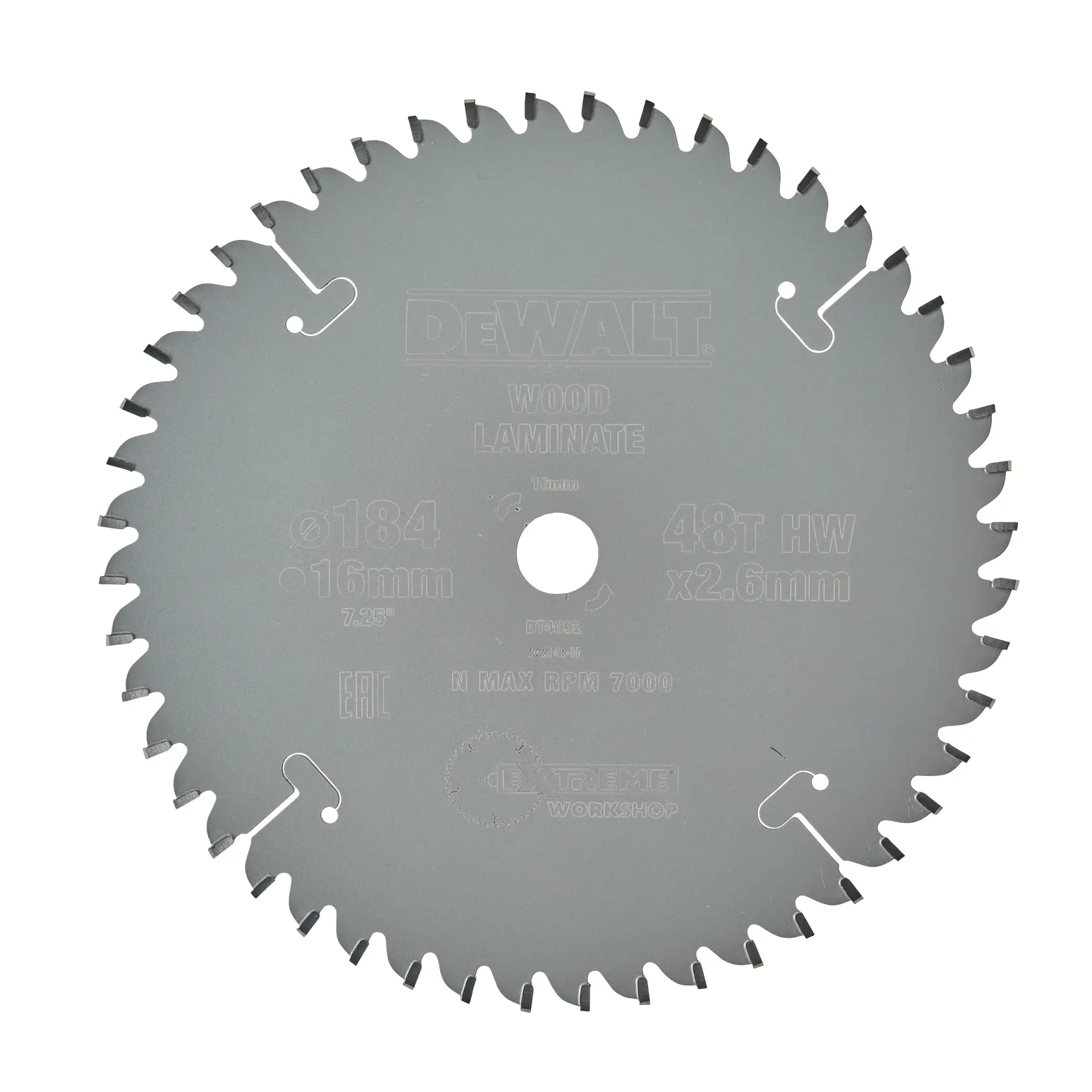 DEWALT DT4092 circular saw blade for wood and laminate, 184mm diameter, 48 teeth, silver color.