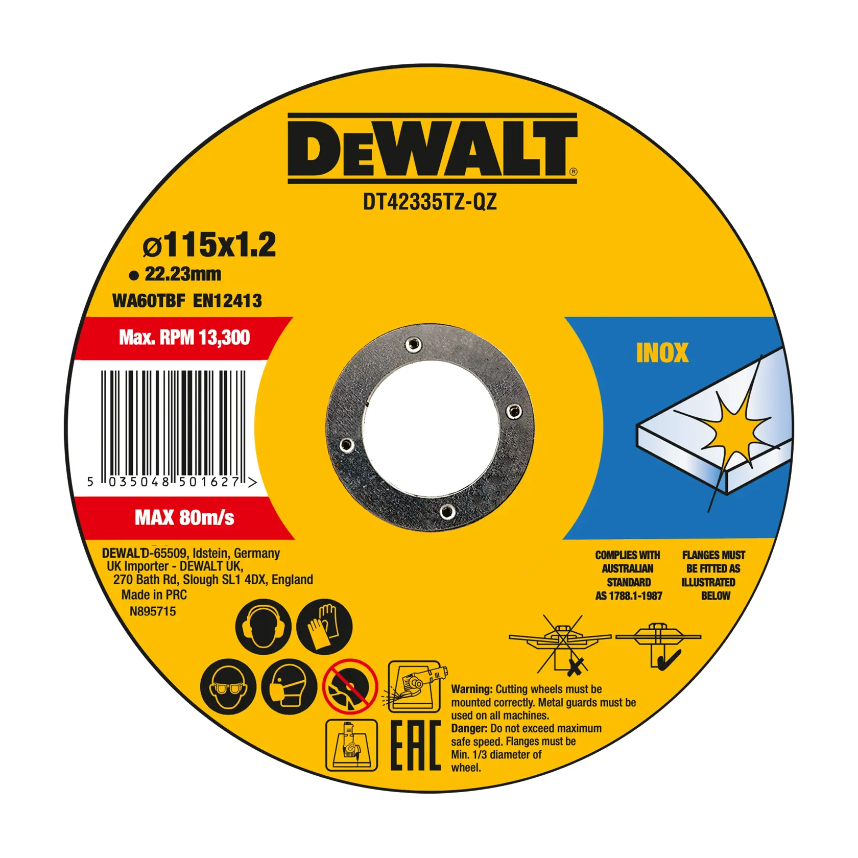 DEWALT DT42335TZ-QZ cutting wheel for metal, 115x1.2mm, yellow label with specs and safety icons.