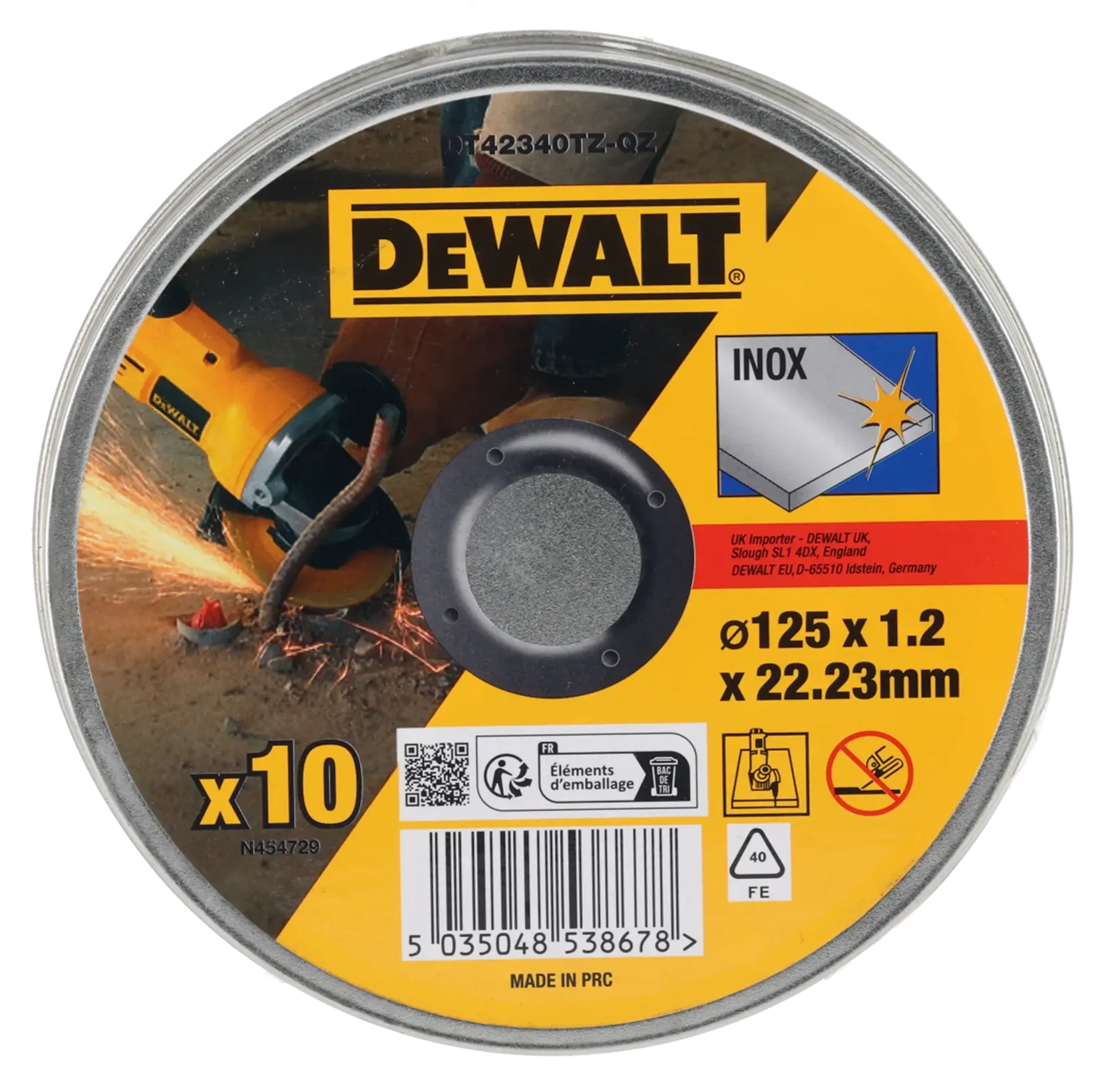 DEWALT DT42340TZ stainless steel cutting disc pack, 125mm diameter, 1.2mm thick, for angle grinders, 10 discs.