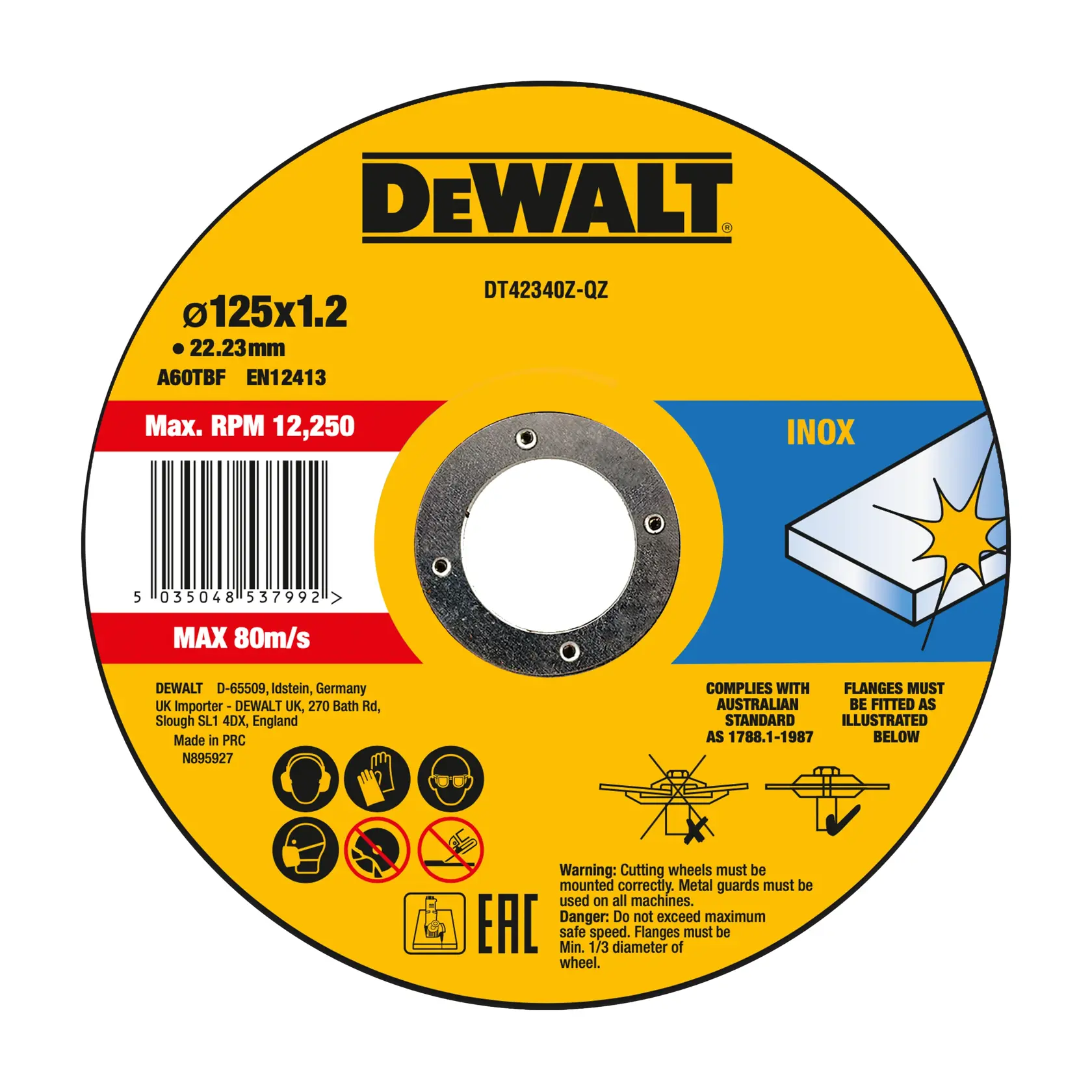 DEWALT photography disc, INOX, DT42340Z-QZ, DT42340Z. 125mm diameter, safety and usage info shown.