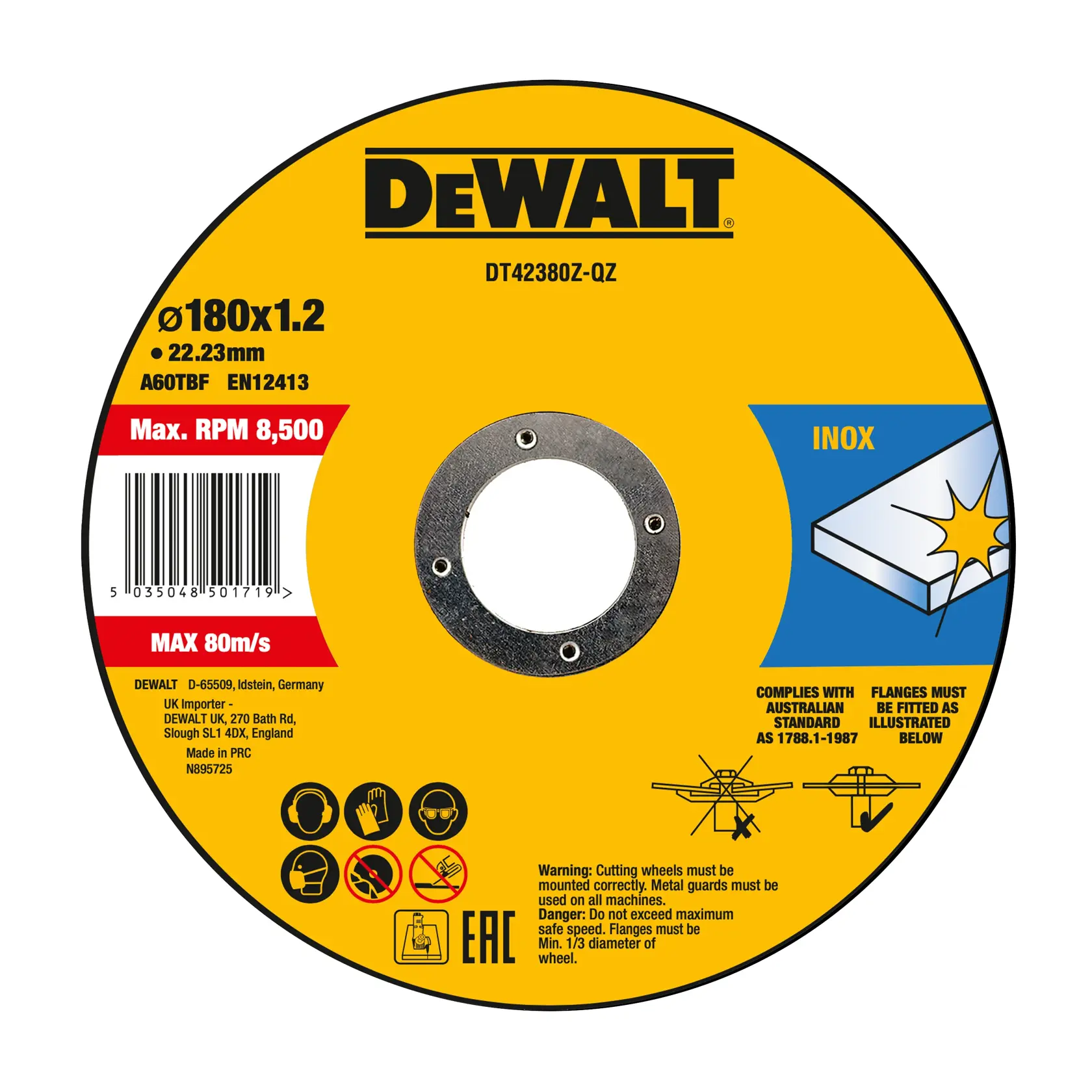 DEWALT photography cutting disc DT42380Z-QZ, DT42380Z, 180x1.2mm, max 8,500 RPM, for INOX metal.