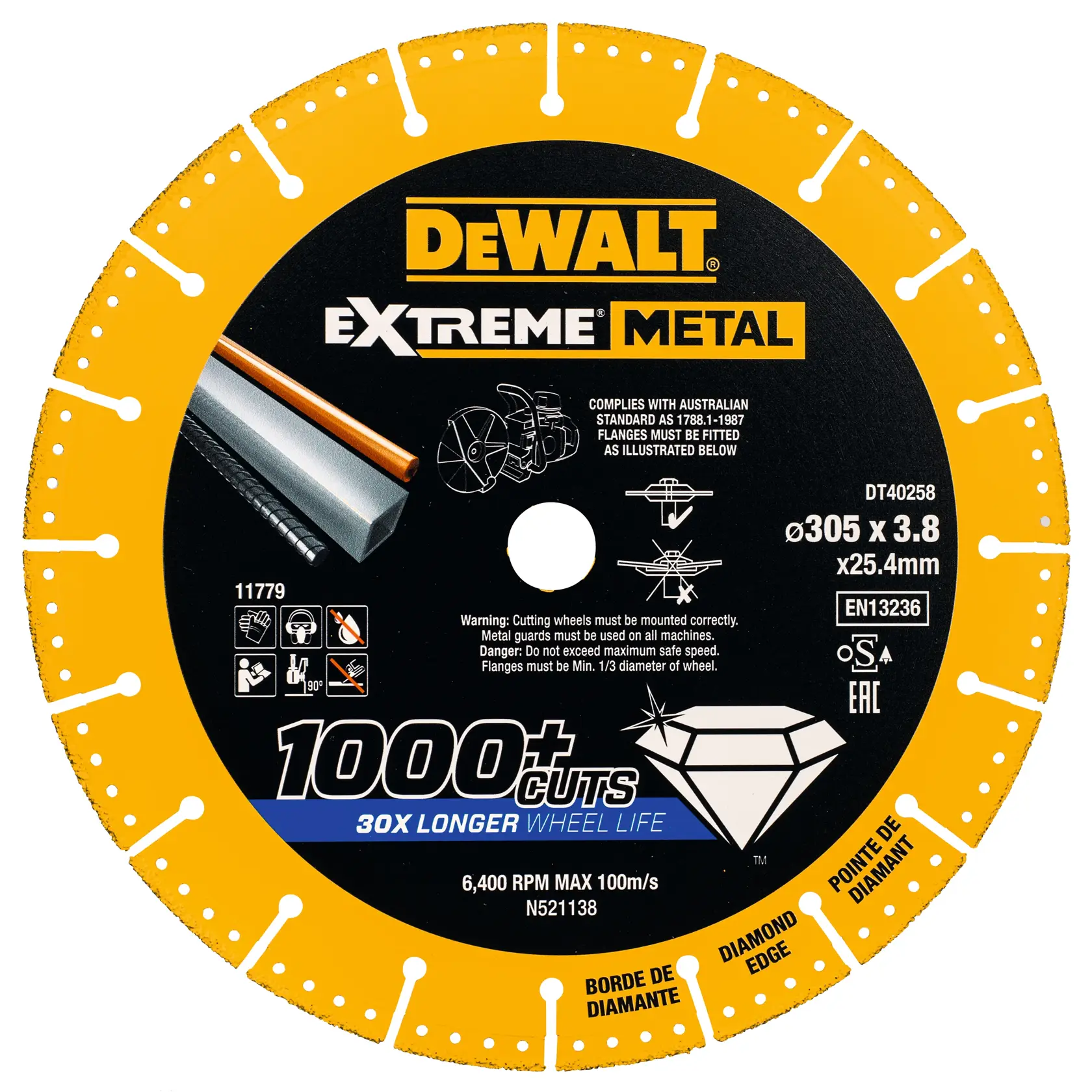 DEWALT Extreme Metal diamond cutting wheel, DT40258-QZ, DT4258. 305x3.8x25.4mm. 1000+ cuts. Diamond edge.