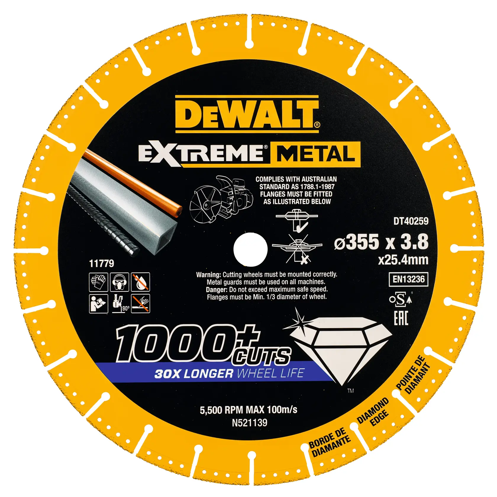 DEWALT Extreme Metal DT4259 diamond edge cutting wheel, 355mm diameter, for metal cutting, black and yellow design.