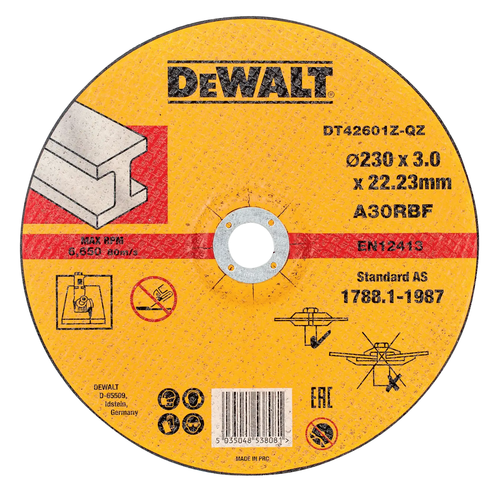 DEWALT DT42601Z metal cutting disc, 230mm diameter, yellow label with product details and safety icons.