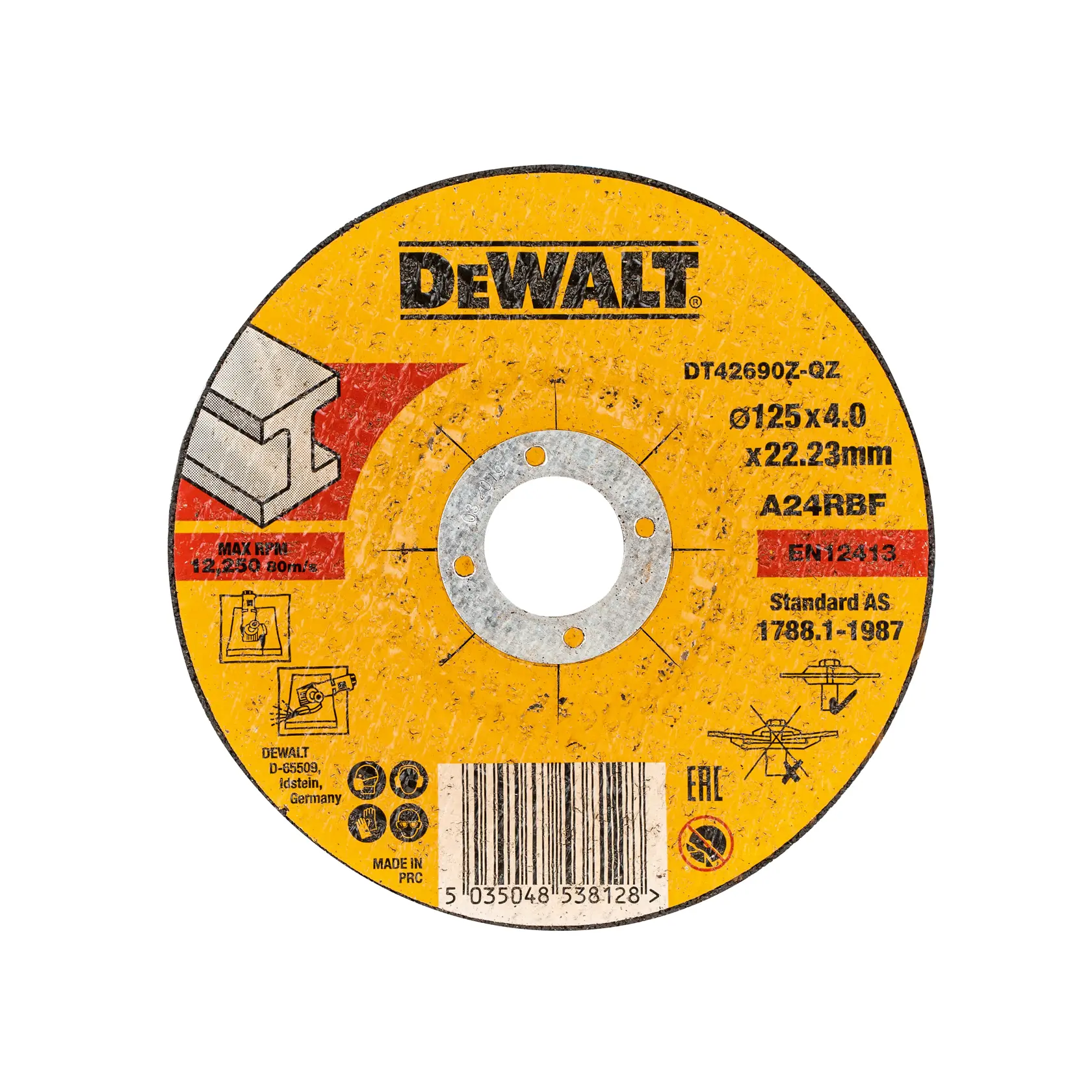 DEWALT DT42690Z grinding disc, yellow, 125x4.0x22.23mm, for metalwork. Barcode and safety icons visible.