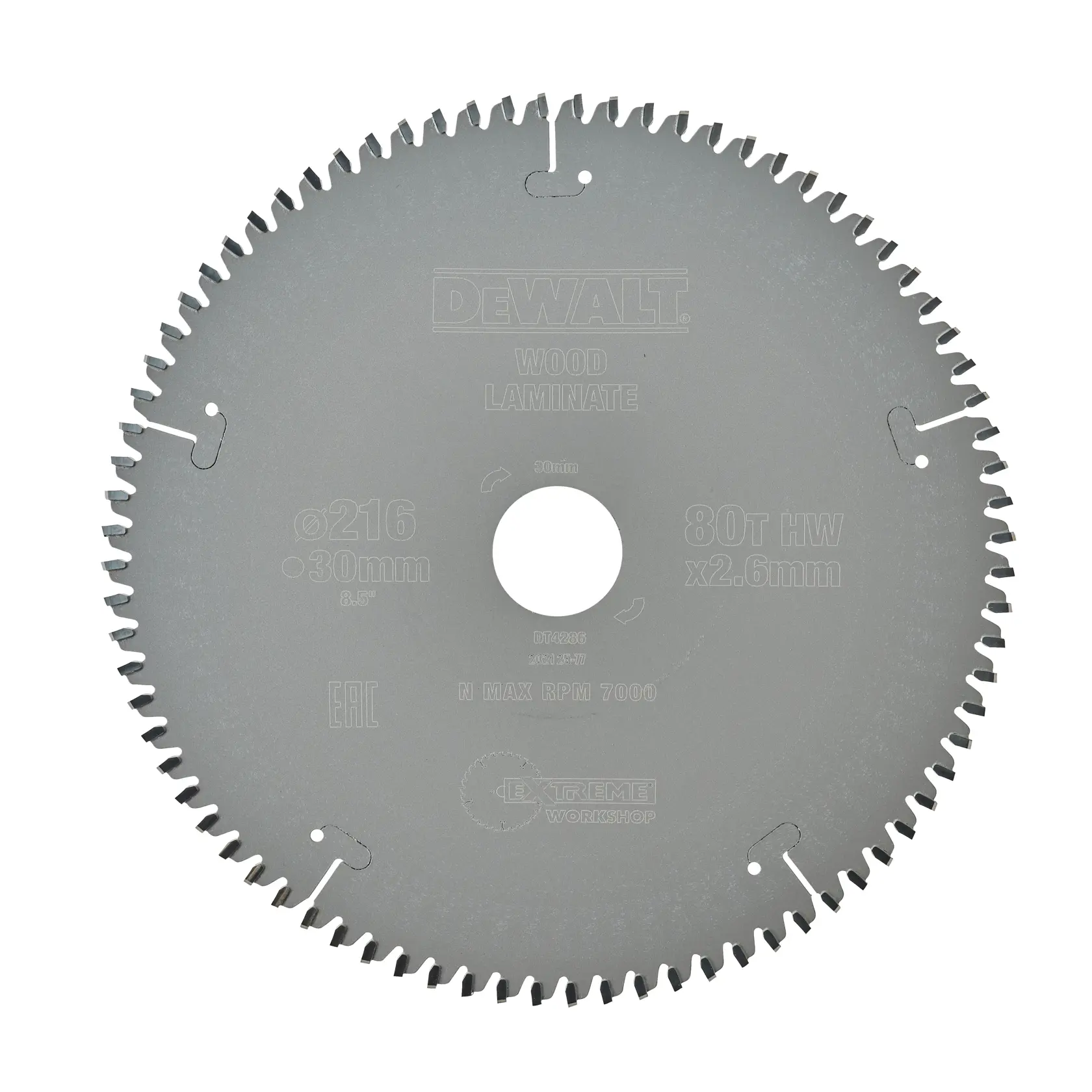 DEWALT circular saw blade DT4286 for wood and laminate, 216mm diameter, 80 teeth, silver color.