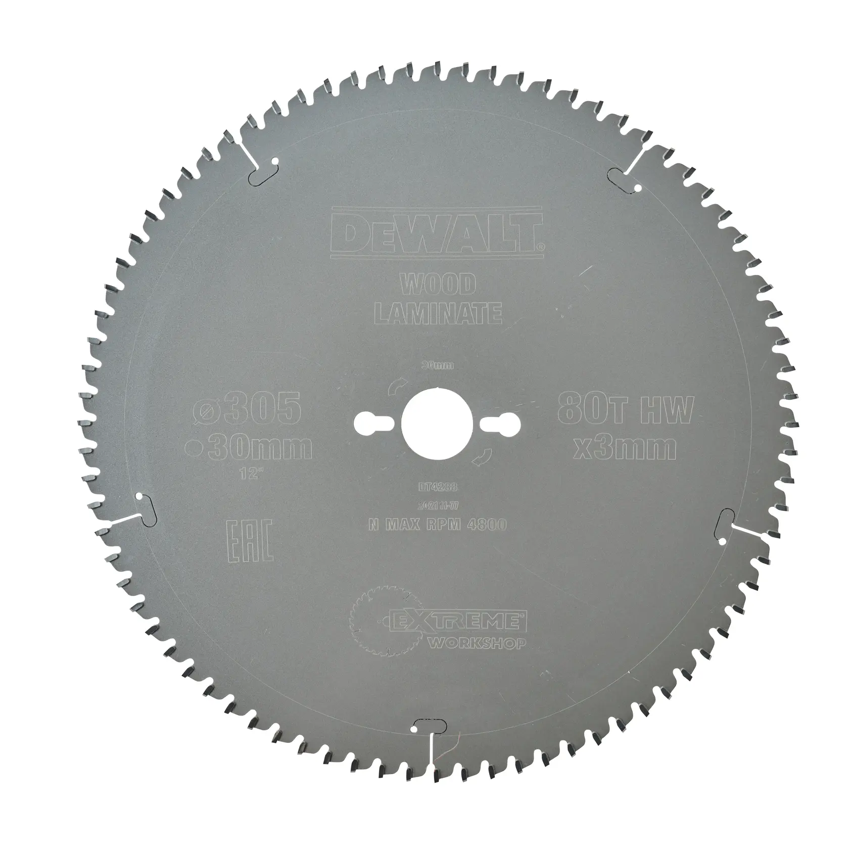 DEWALT DT4288 circular saw blade for wood laminate, 305mm diameter, 80 teeth, workshop use.