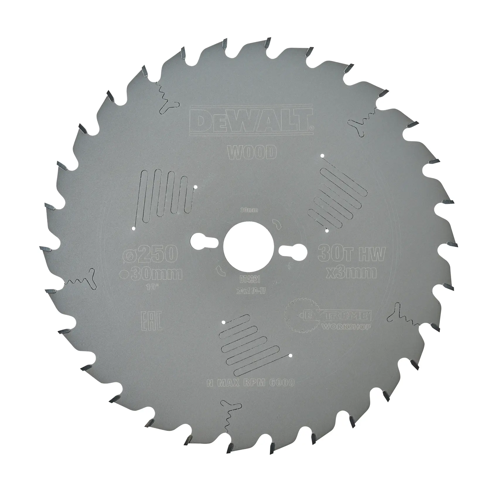 DEWALT DT4321 circular saw blade for wood, 250mm diameter, 30mm bore, 30 teeth, HW, suitable for woodworking.