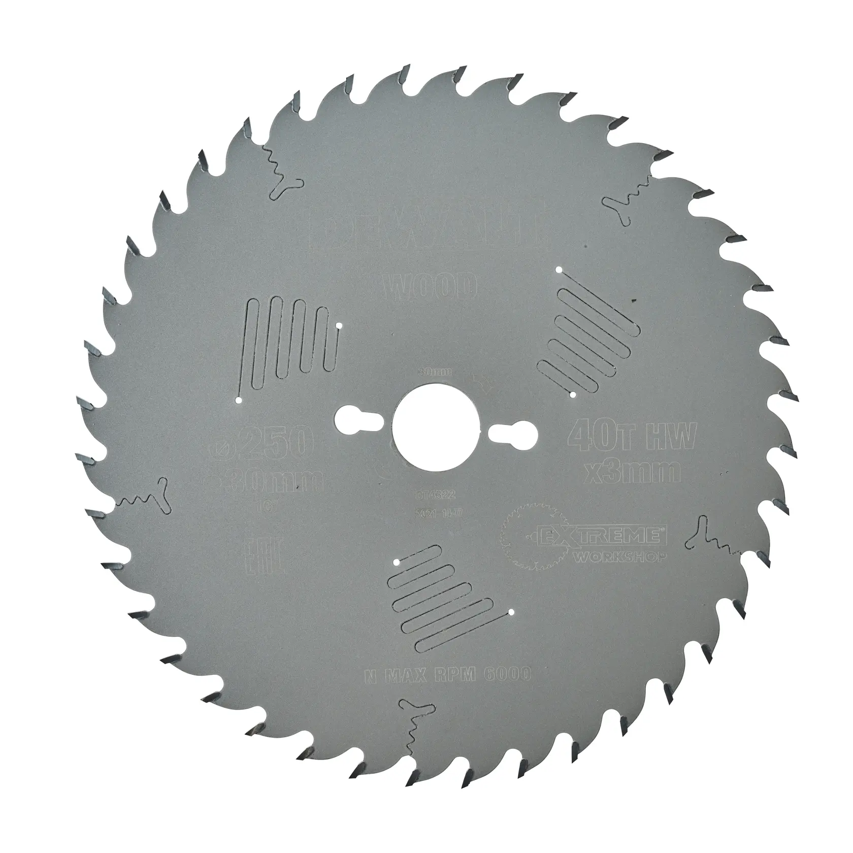 DEWALT DT4322 circular saw blade for wood with 40 teeth, 250mm diameter, 30mm bore.