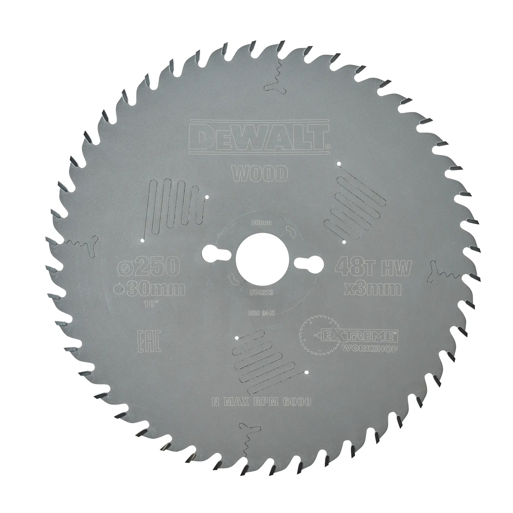 DEWALT DT4323 circular saw blade for wood, 250mm diameter, 30mm bore, 48 teeth, suitable for woodworking tasks.