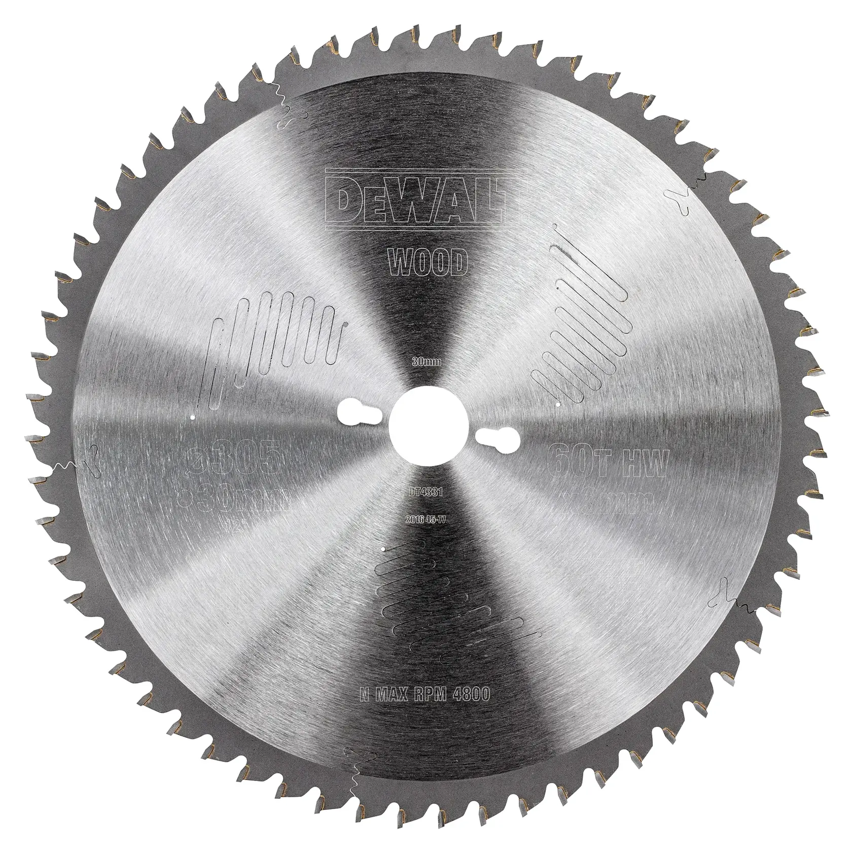 DEWALT DT4331 circular saw blade for wood, metal finish, 60 teeth, with central hole and laser-cut expansion slots.