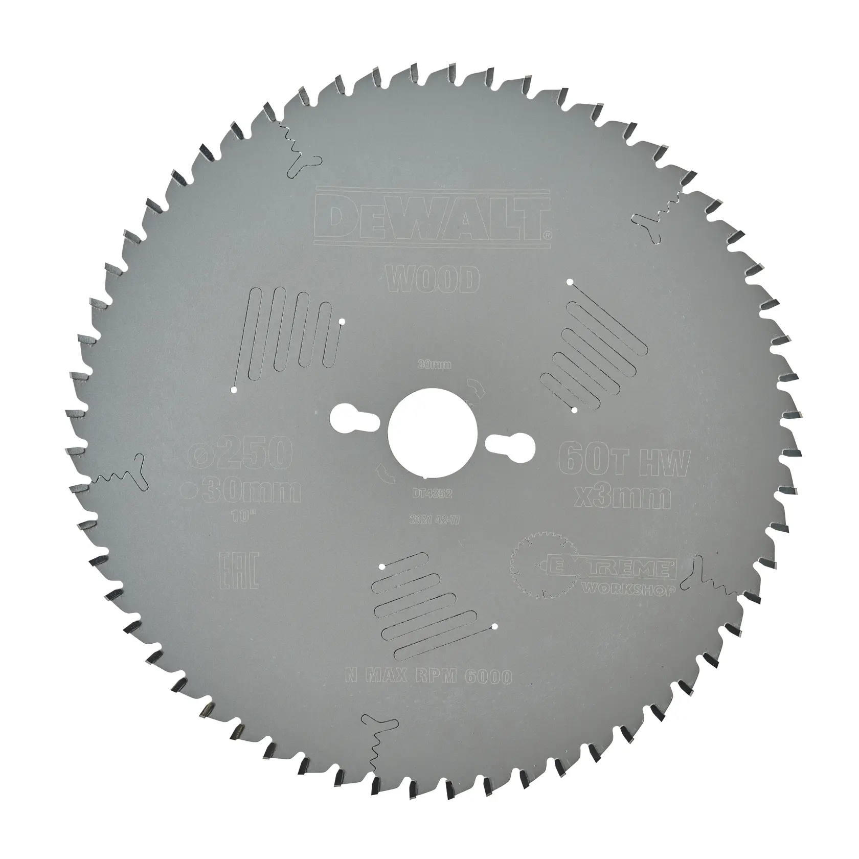 Circular saw blade for wood cutting, DEWALT brand, model DT4352, 250mm diameter with 60 teeth and 30mm center hole.