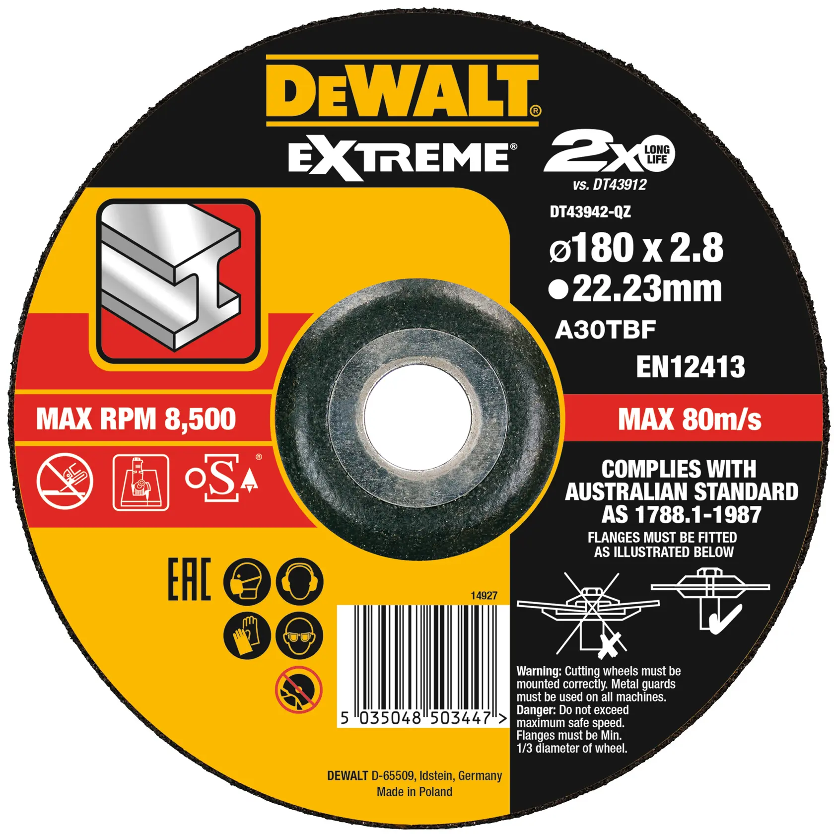 DEWALT EXTREME DT43942 cutting disc, 180mm for metal, max 8500 RPM, complies with Australian standard.