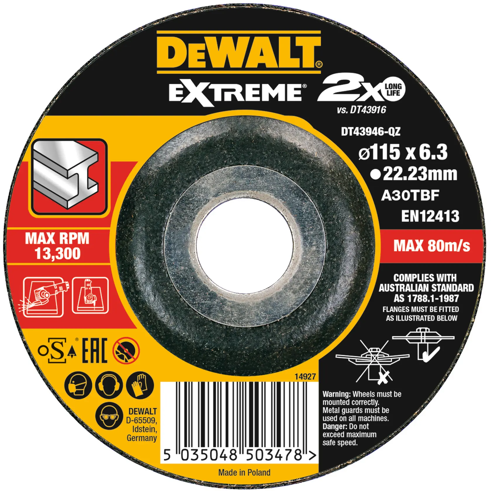 DEWALT Extreme grinding wheel DT43946, 115mm diameter, max 13,300 RPM, for metal, safety warning and barcode shown.