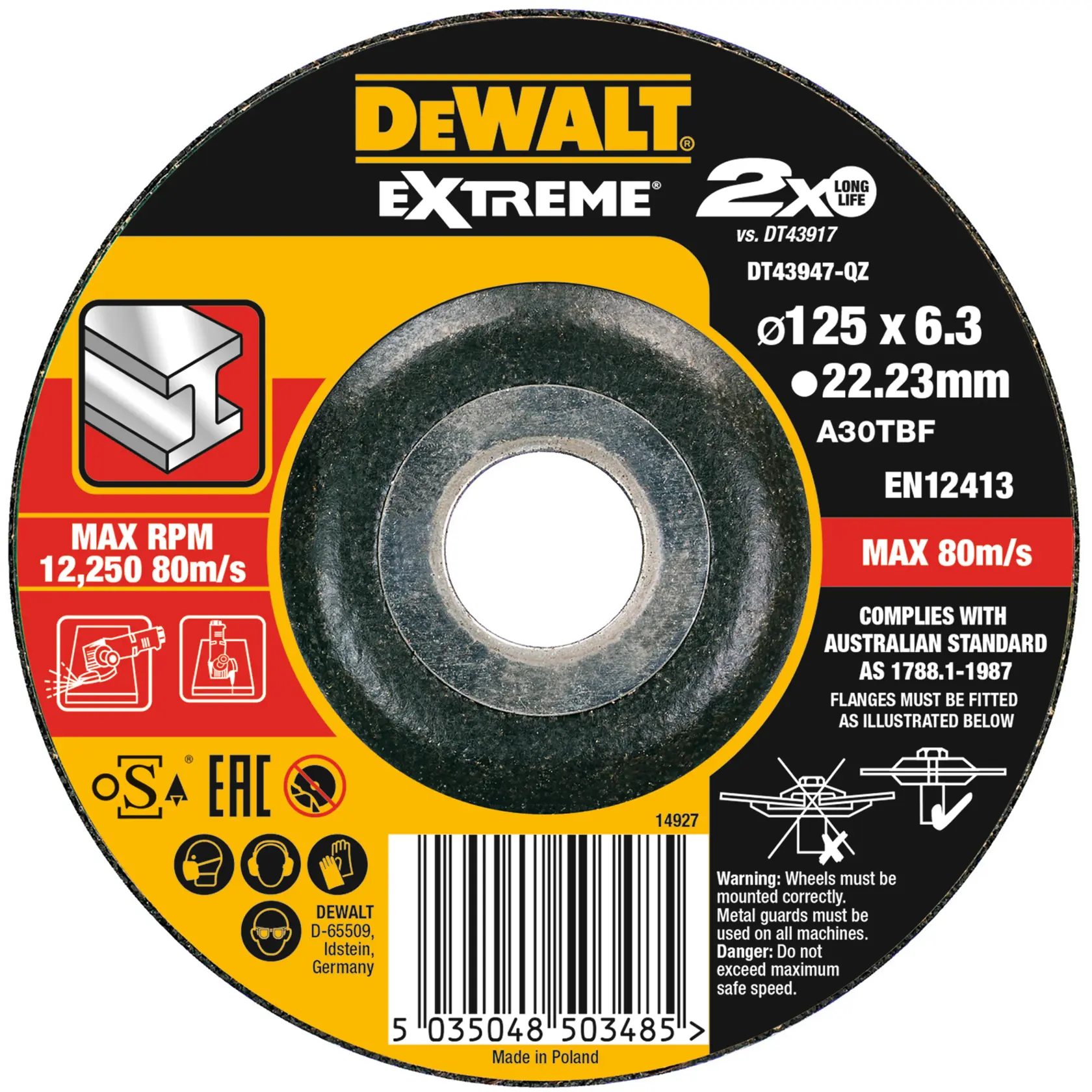 DEWALT EXTREME grinding wheel DT43947, diameter 125 mm, max RPM 12,250, metal use, safety symbols visible.