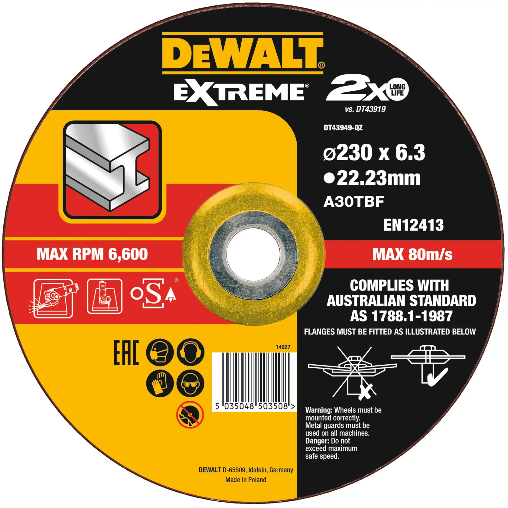 DEWALT metal cutting disc, DT43949, DT43919-QZ, 230x6.3mm, max 6600 RPM, EMEAANZ, photography category.
