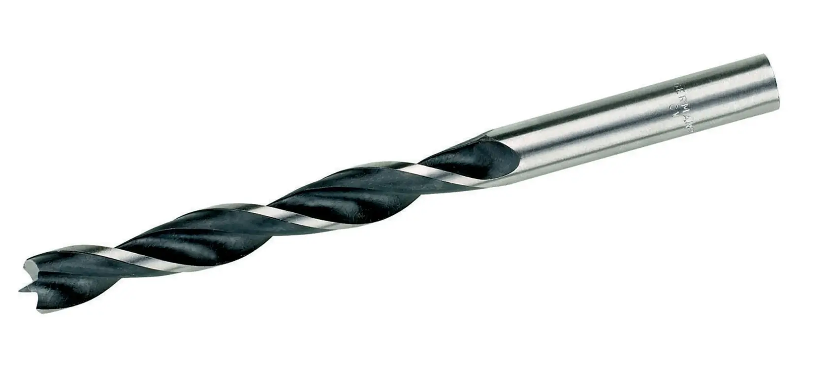 A close-up image of a DEWALT metal twist drill bit with a cylindrical shank, designed for drilling holes in metal surfaces. The drill bit is silver with a dark spiral flute.