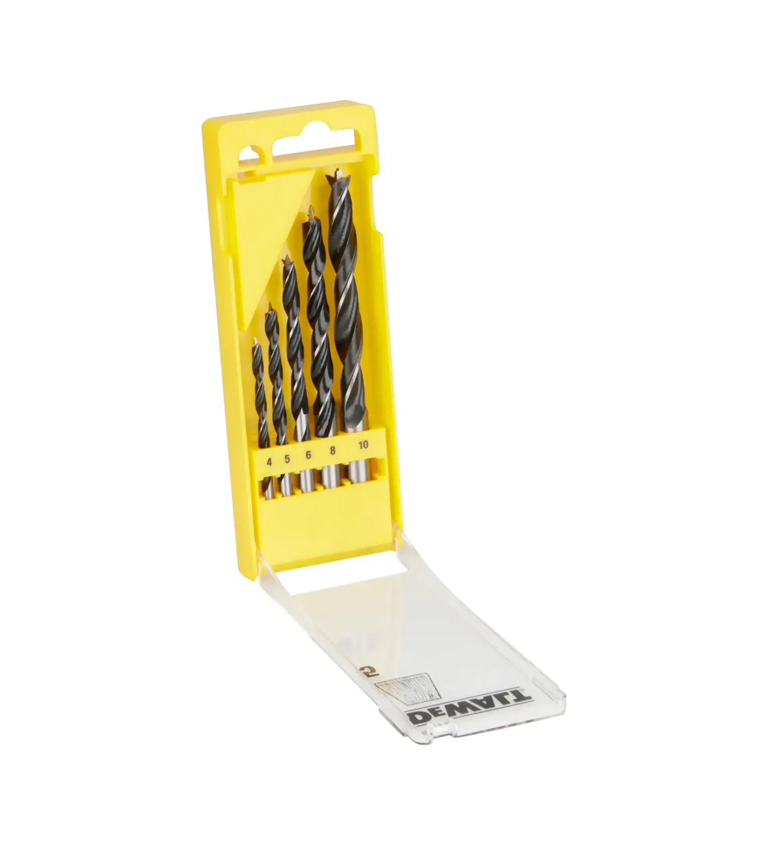 DEWALT drill bit set in yellow case with five bits of various sizes, shown with open clear lid.