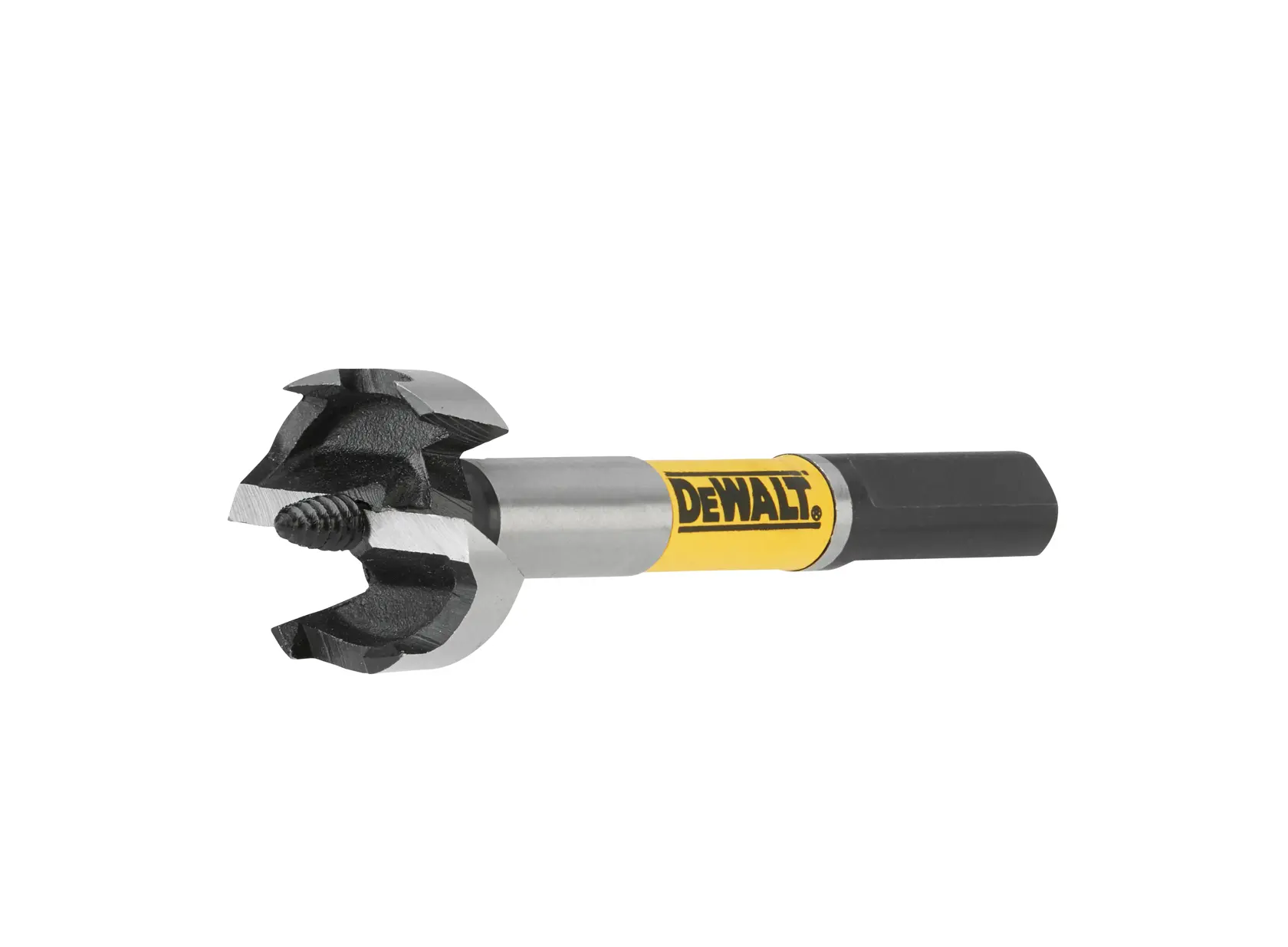 DEWALT DT4581 wood drill bit with hex shank and sharp cutting edges, ideal for precise hole making.