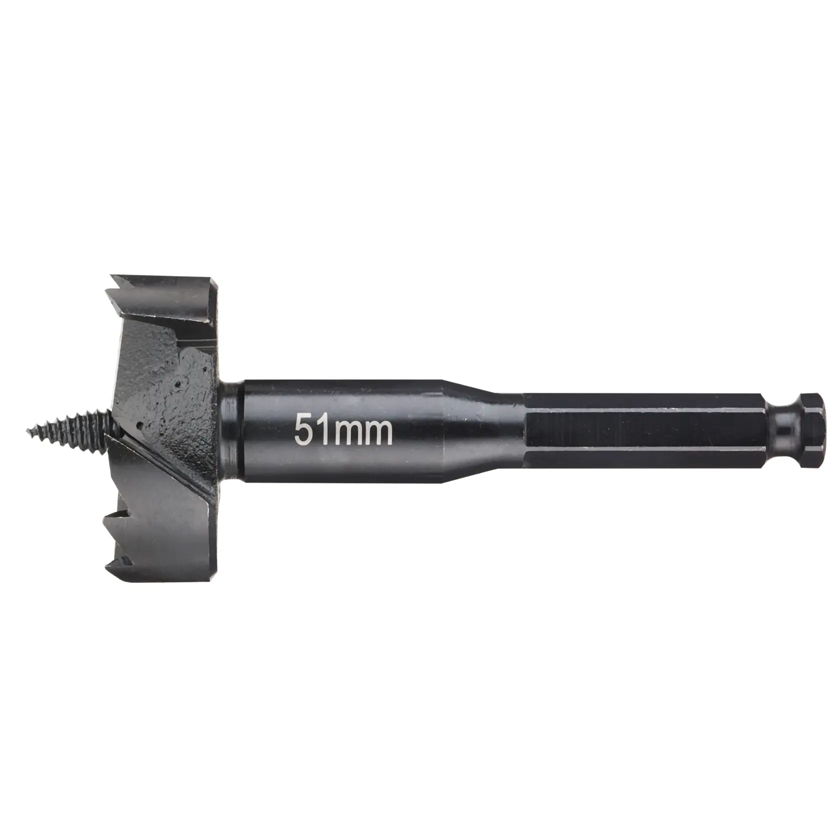 A DEWALT 51mm wood drill bit with a threaded center point and cutting edges, designed for making large holes in wood.