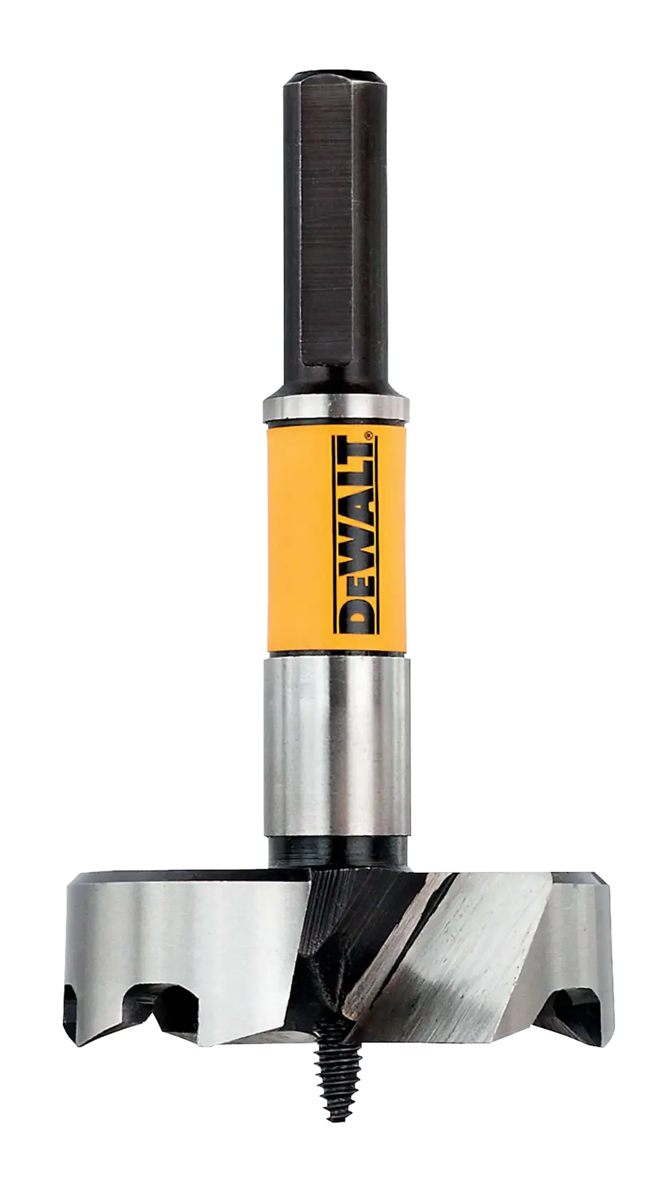 DEWALT DT4586 wood drill bit with yellow label and sharp cutting edges, shown upright against a white background.
