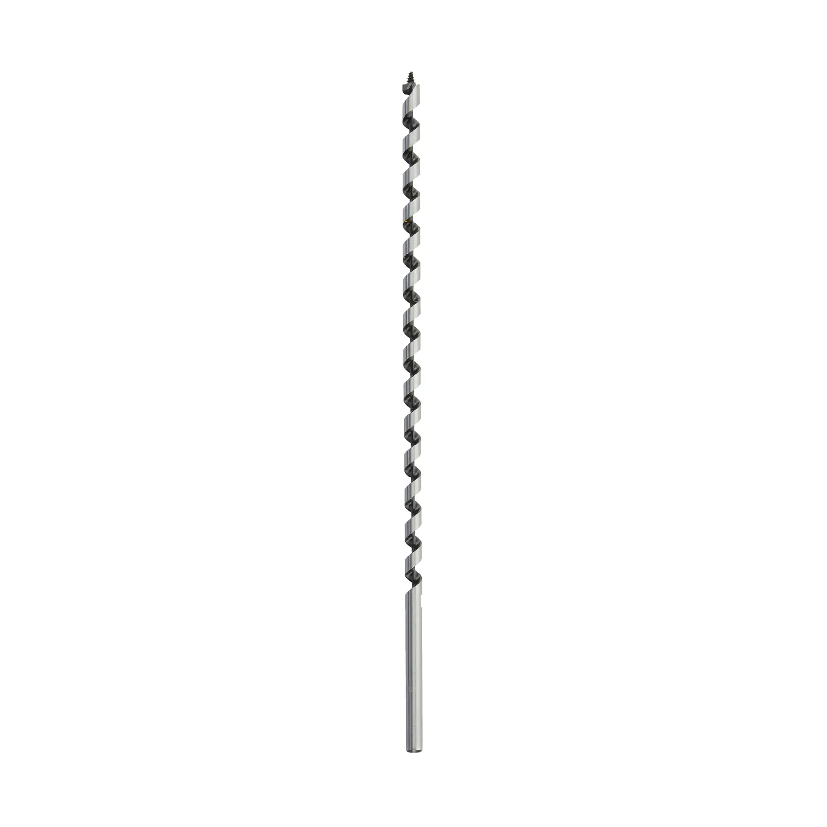 Long DEWALT DT4636 auger drill bit for wood, with spiral fluting and a pointed tip, standing upright on white background.