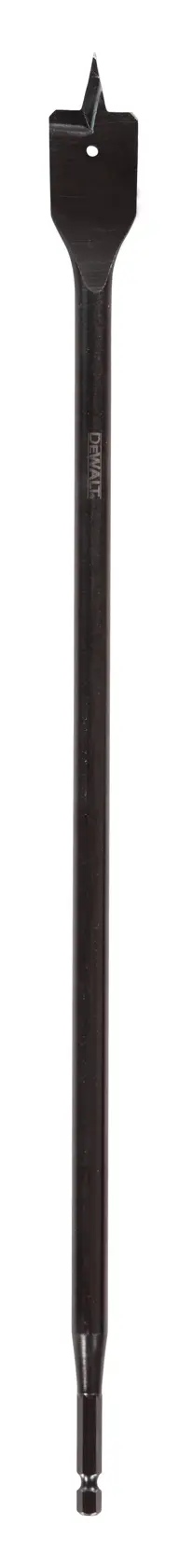 Long flat wood drill bit with hex shank, used for precise boring. DEWALT branding visible.