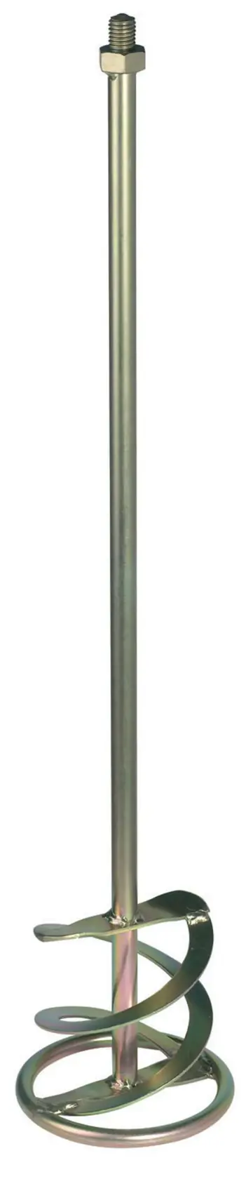 Metal mixing paddle with spiral blade, suitable for mixing paint, plaster, or mortar.
