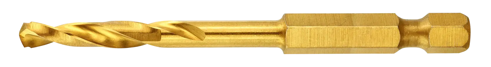A gold DEWALT DT50005 hex shank drill bit for use with power tools, shown on a white background.