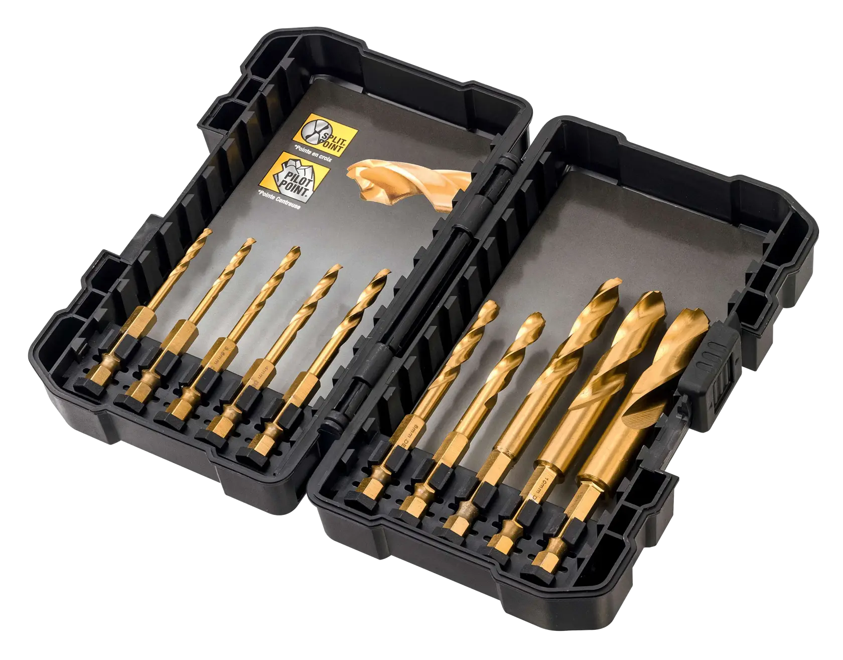 Photo of DEWALT DT50050 drill bit set with gold bits in a black plastic case, front angle, product category Photography.
