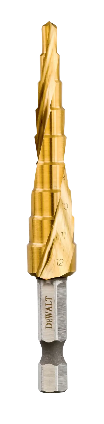 DEWALT DT5026 step drill bit with titanium coating for precision drilling, shown upright on white background.