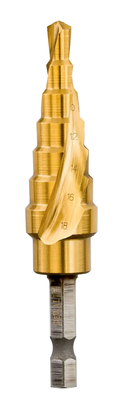 Gold DEWALT step drill bit for metalworking, with size markings, isolated on a white background.
