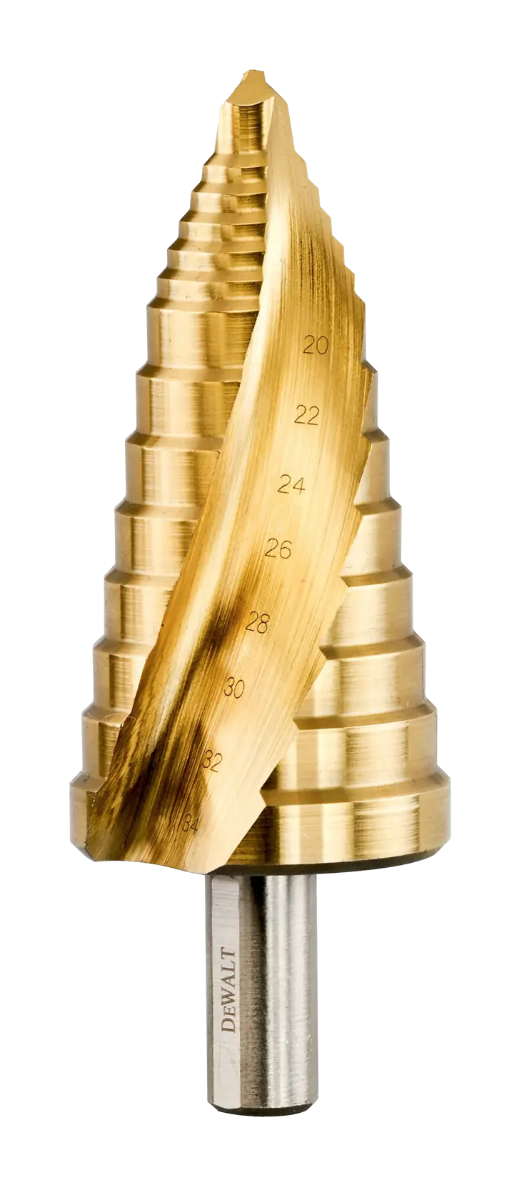 A gold-colored DEWALT step drill bit with engraved size markings, used for drilling holes of multiple diameters in metal or plastic. The bit has a conical, stepped shape and a silver shank.