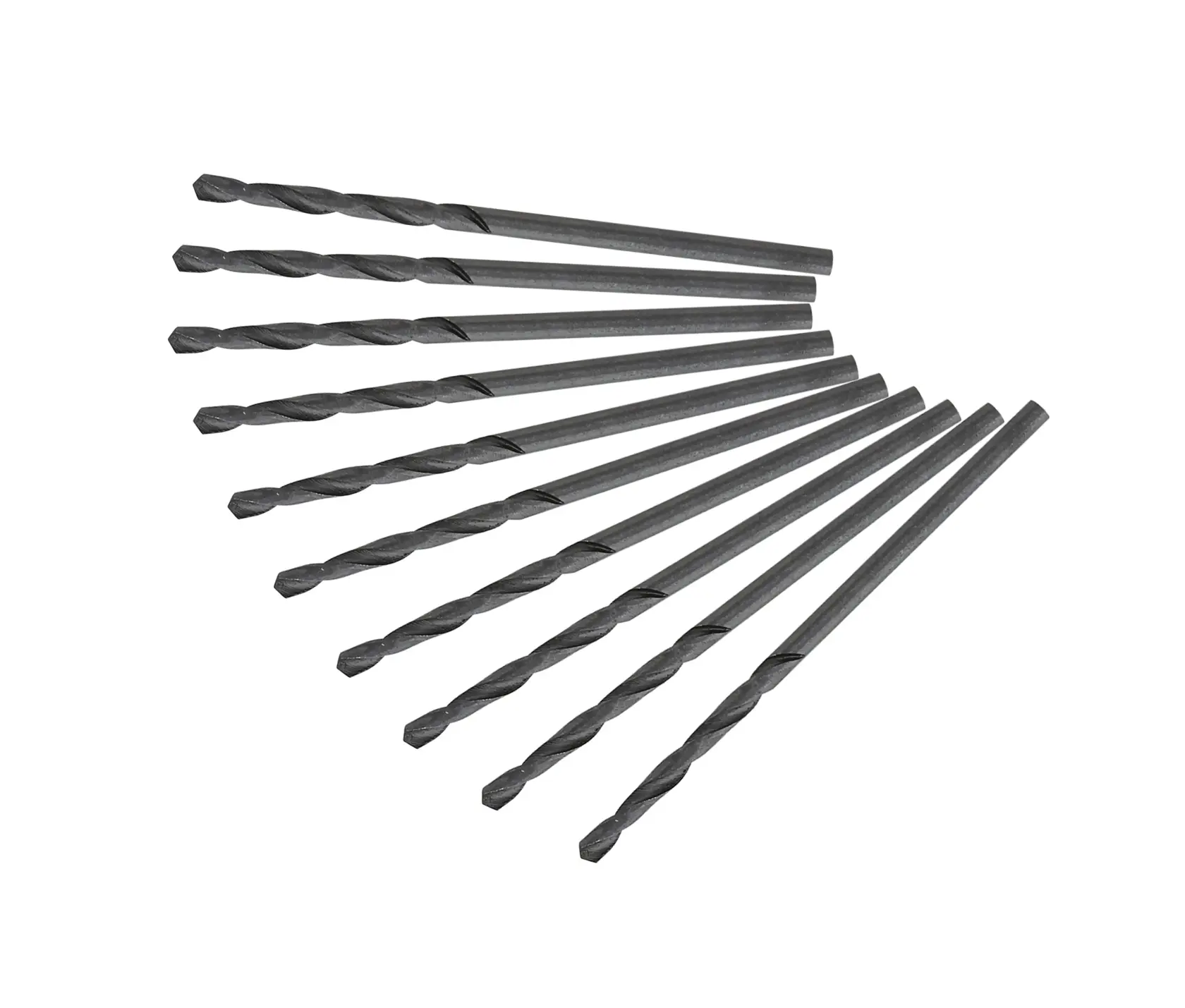 A set of ten black twist drill bits arranged in a fan shape on a white background.