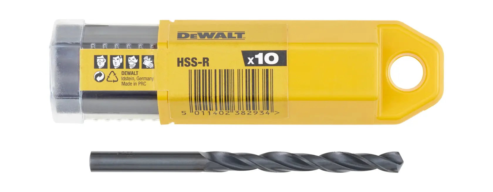 A DEWALT HSS-R drill bit set in a yellow plastic case labeled 'x10', with one black drill bit displayed outside the packaging.