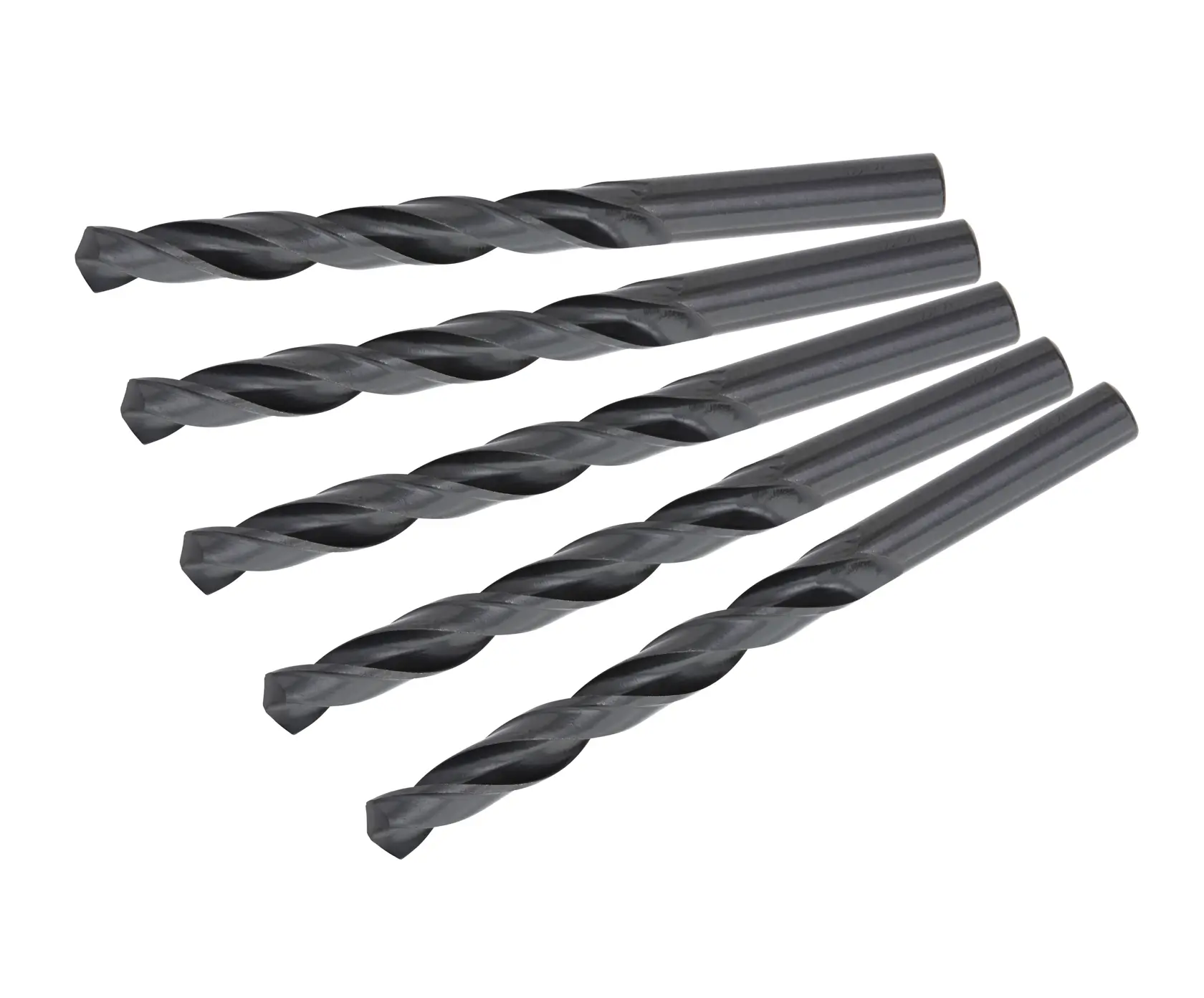 Set of five DEWALT black twist drill bits arranged in a fan shape on a white background.