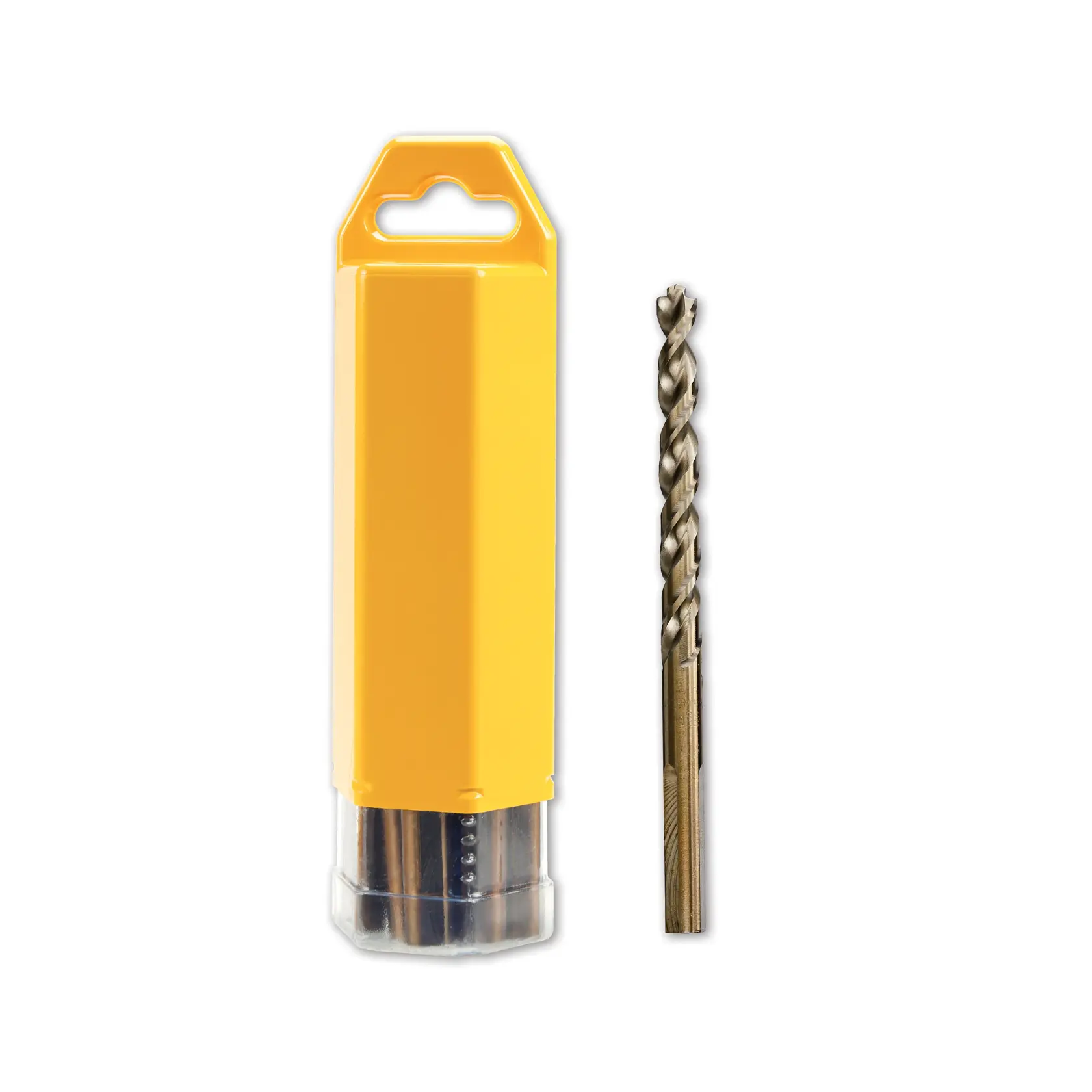 Broca DEWALT con estuche protector amarillo, mostrada en posición vertical sobre fondo blanco.