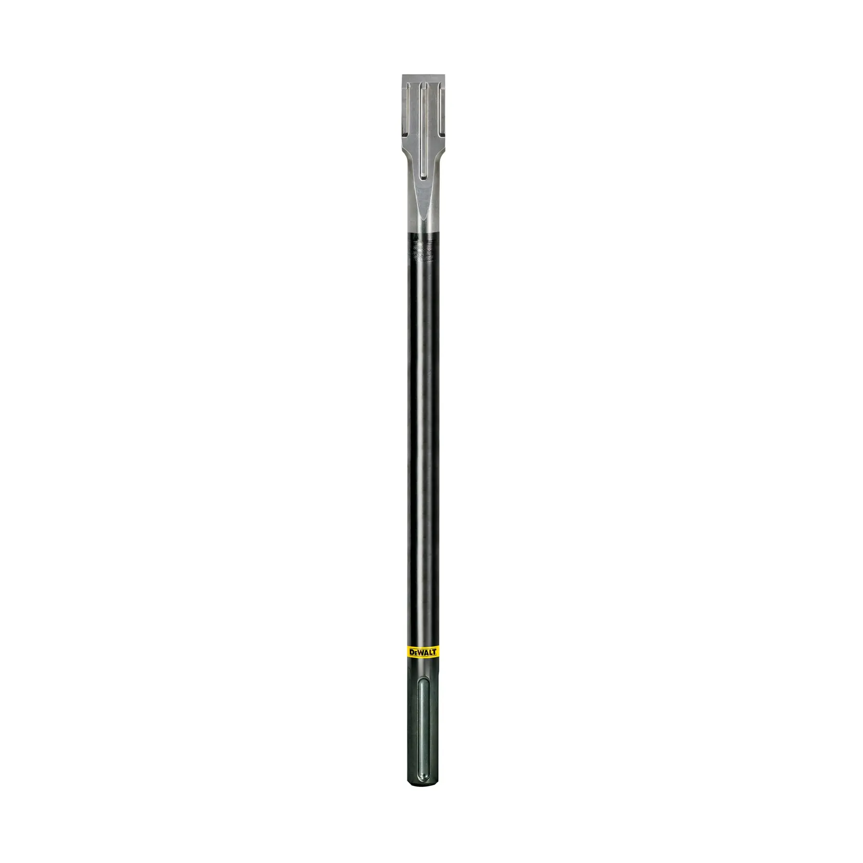 Long, flat DEWALT chisel with SDS max shank, used for heavy-duty demolition or masonry work.