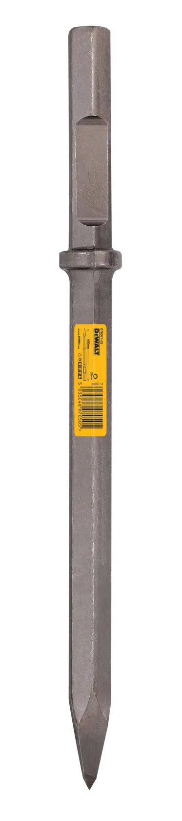 DEWALT DT6927 pointed chisel with hex shank and yellow label, designed for demolition and heavy-duty concrete work.